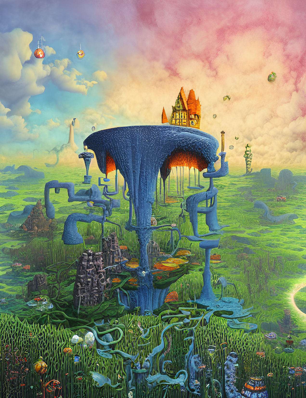 Colorful surreal landscape with waterfall, whimsical architecture, and floating islands.