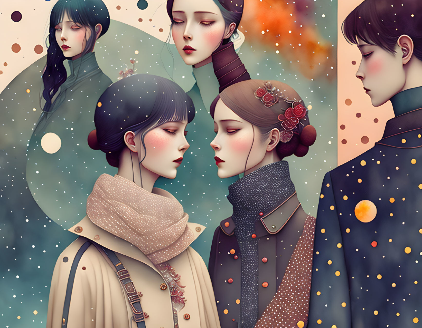 Four Stylish Women with Unique Hairstyles in Celestial-themed Illustration