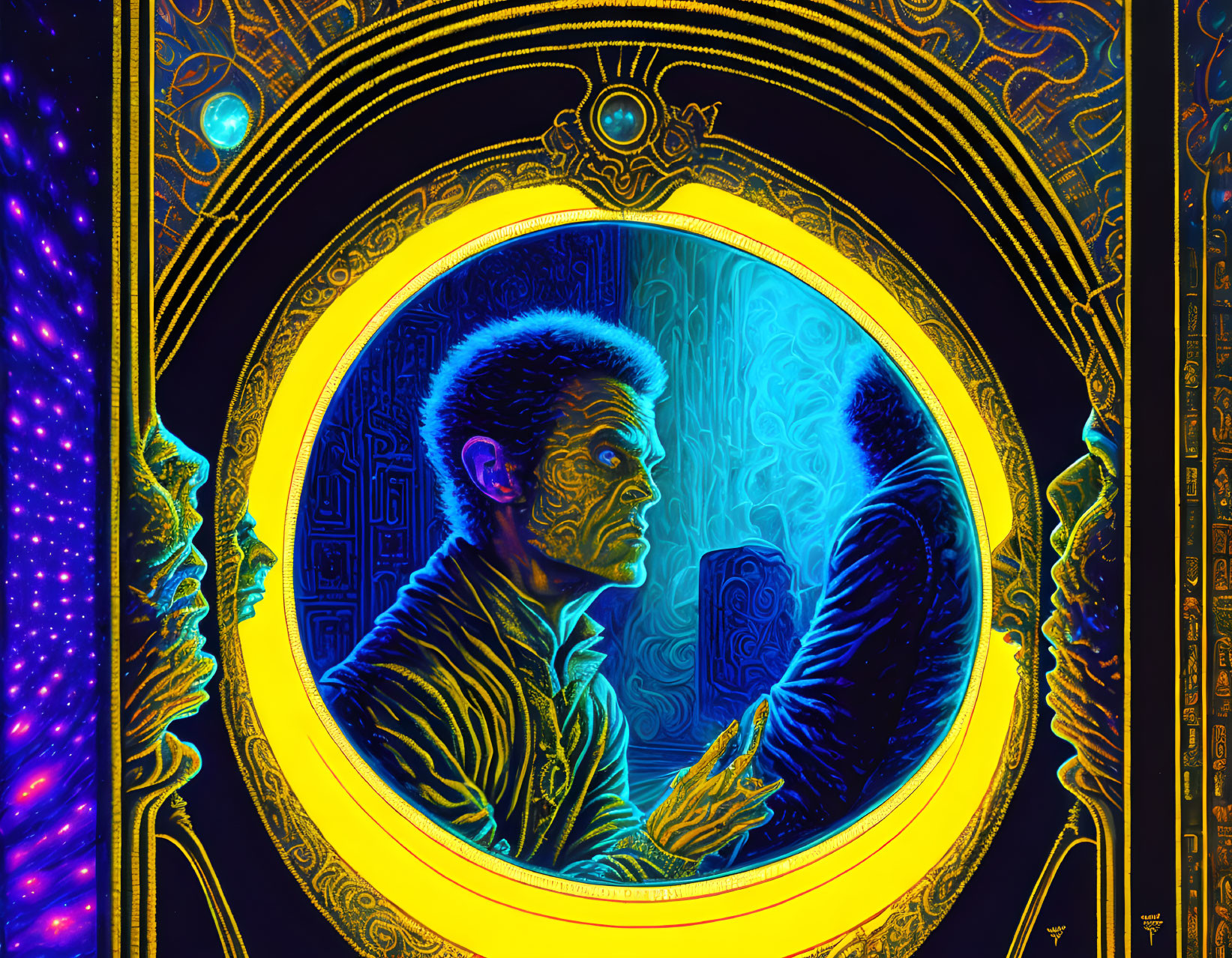 Colorful illustration of person with patterns, looking into mirror reflecting feathered wing