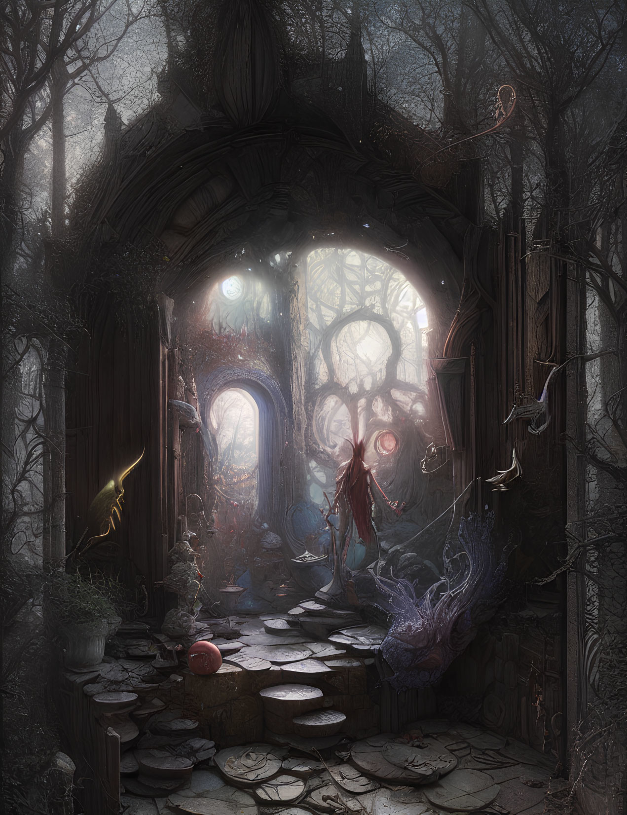 Mystical forest with ancient archway, cogwheels, and surreal figure