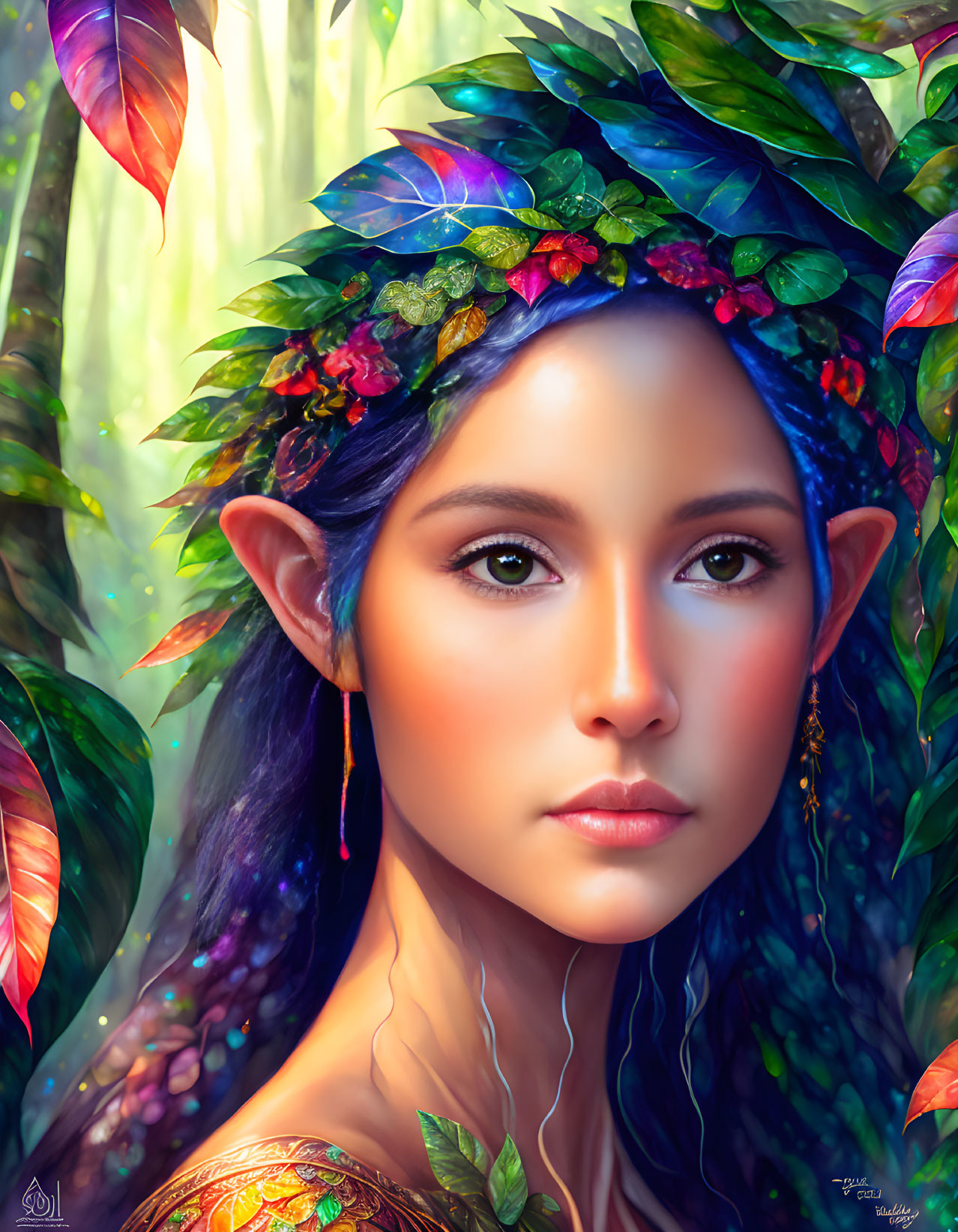 Colorful Elfin Eared Female Portrait in Forest Scene