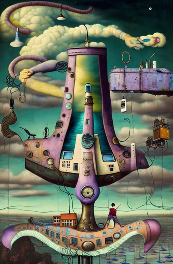 Surreal painting: Giant lighthouse structure, humanoid top, floating islands, small figure, cur