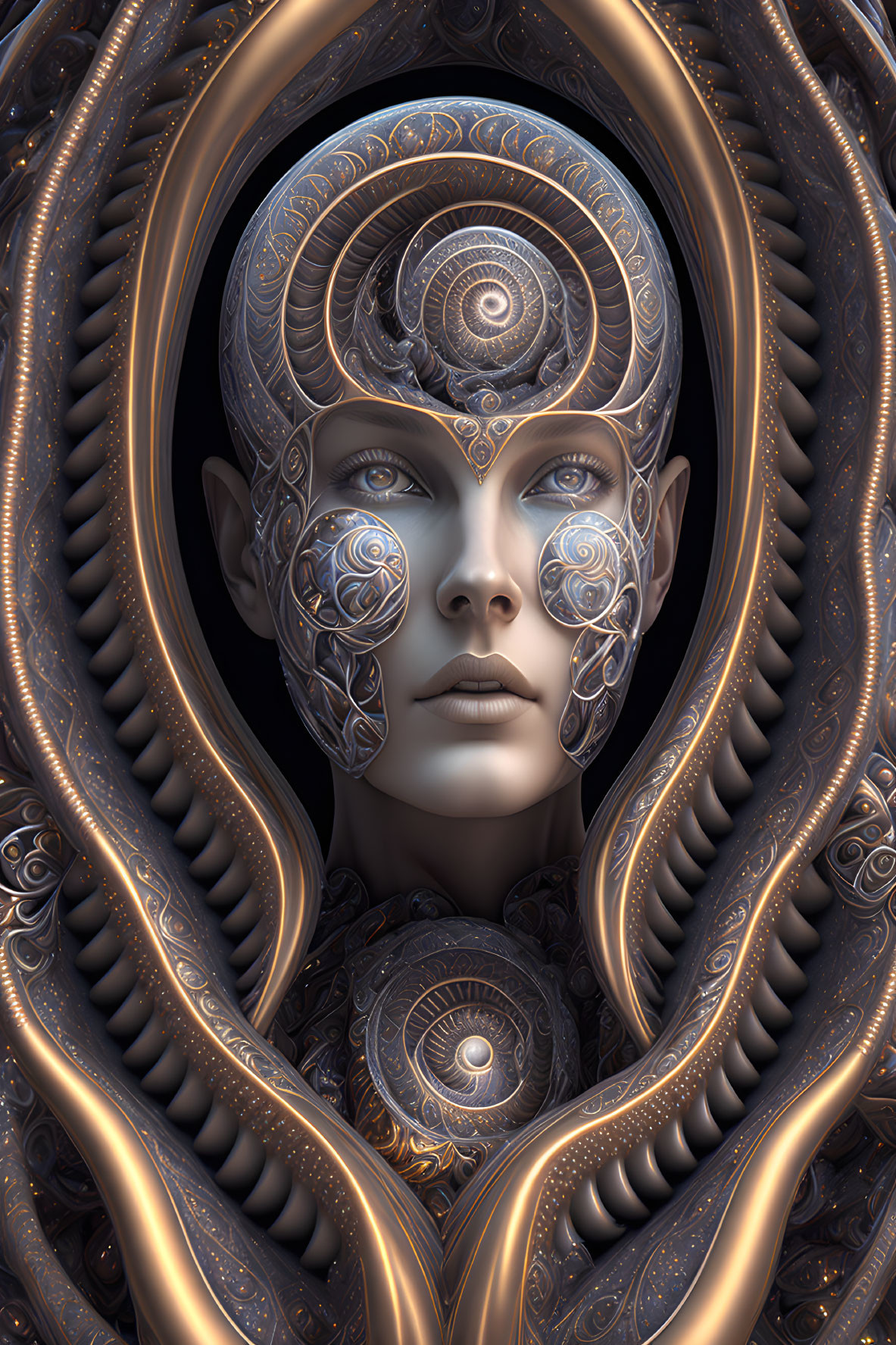 Intricate metallic patterns on humanoid face with golden machinery framing