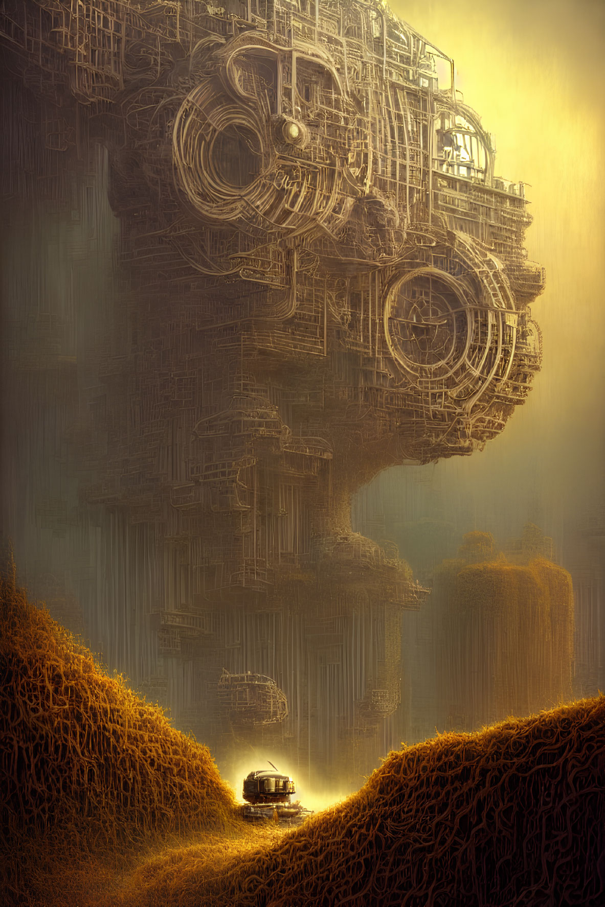 Surreal landscape with massive mechanical structure and lone vehicle driving.