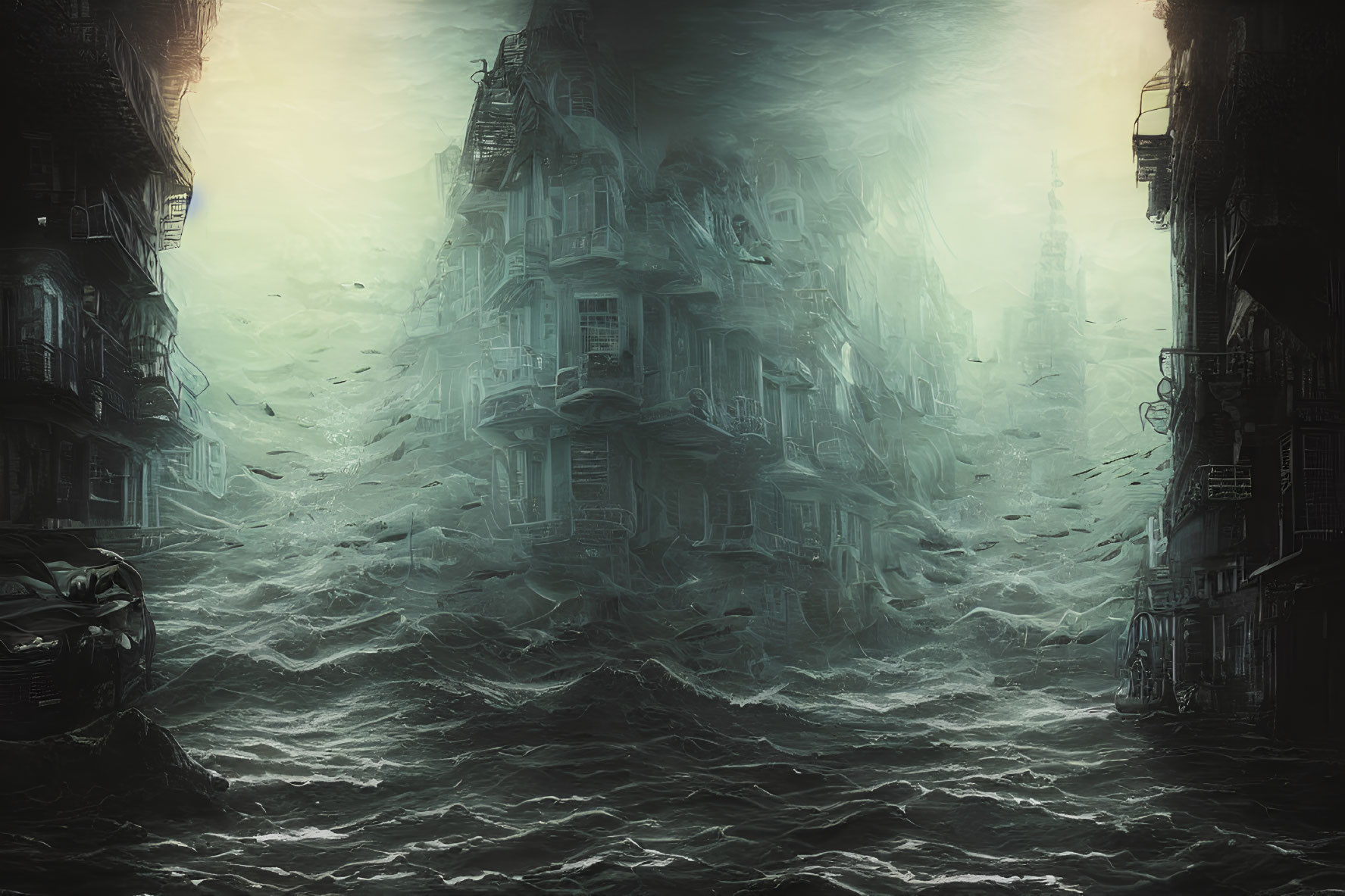 Dystopian cityscape submerged in stormy water under yellow sky