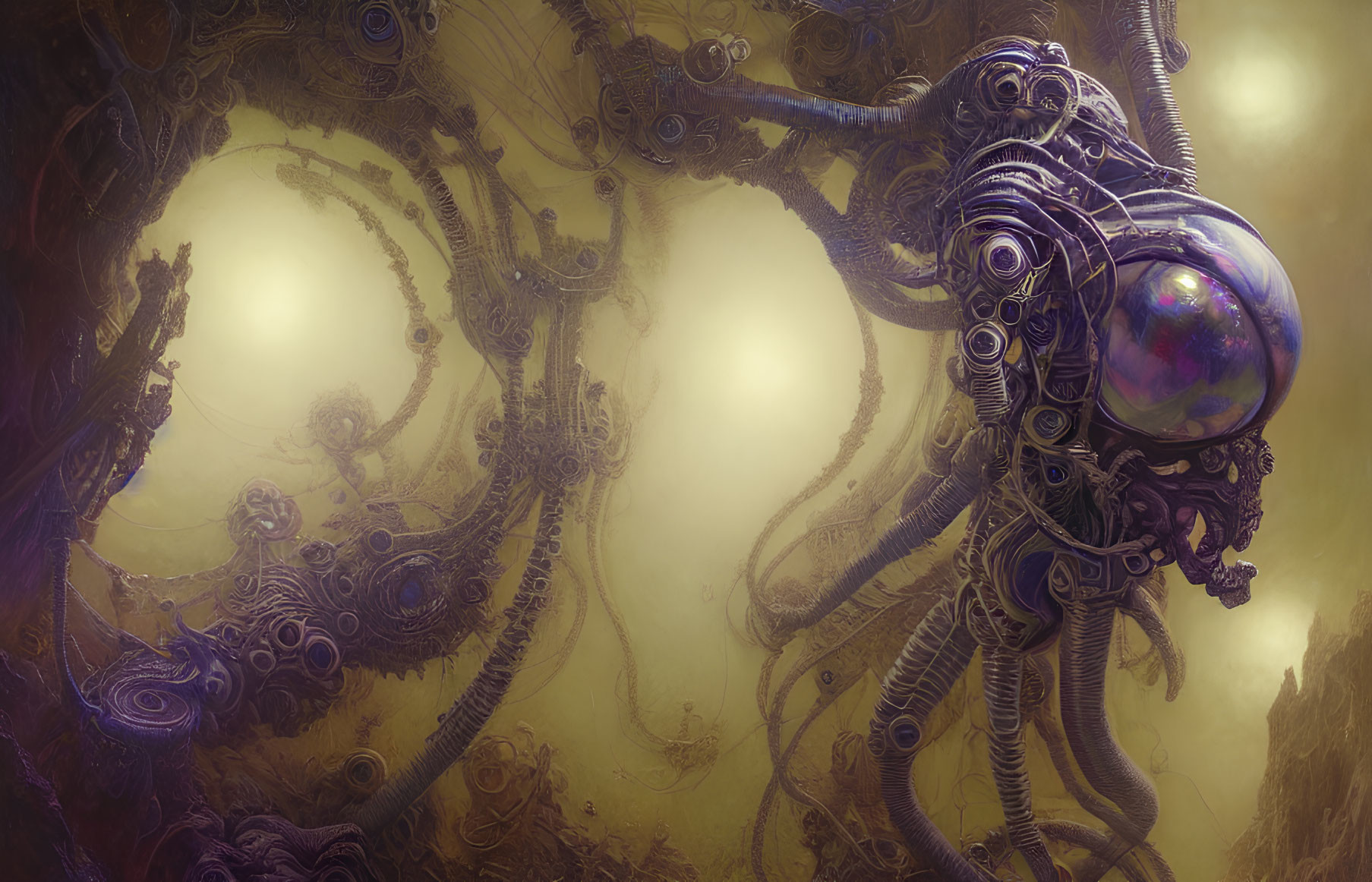 Surreal mechanical octopus with orb head and robotic tentacles in luminous foggy setting