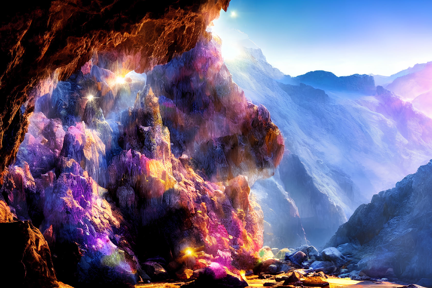 Colorful Cave and Sunrise Illuminated Mountains in Digital Art