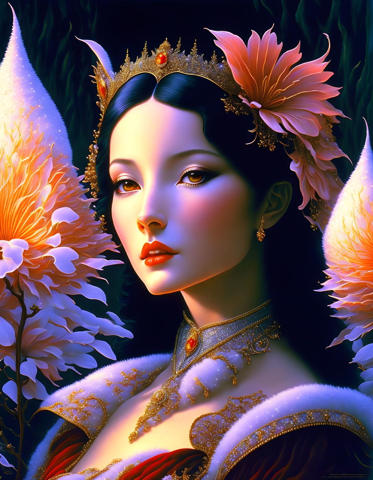 Regal woman adorned with crown and jewels among luminous orange flowers