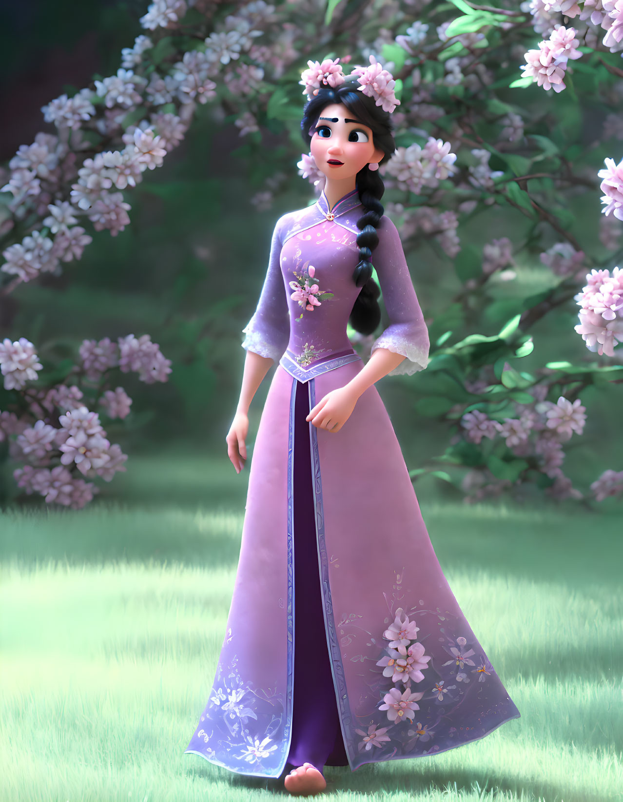 Young woman in traditional purple dress surrounded by cherry blossoms.