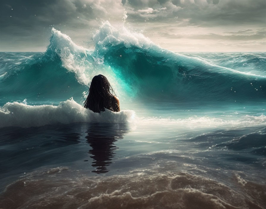 Long-haired person facing impending wave in dramatic ocean scene