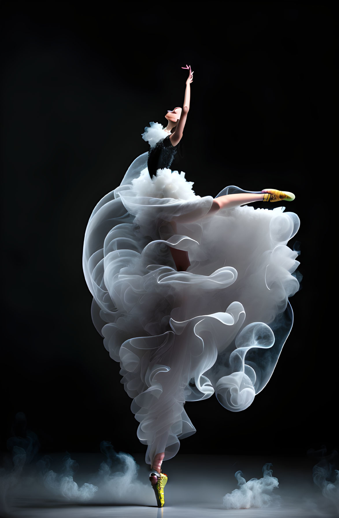 Ballerina en pointe with swirling smoke effect on dark background