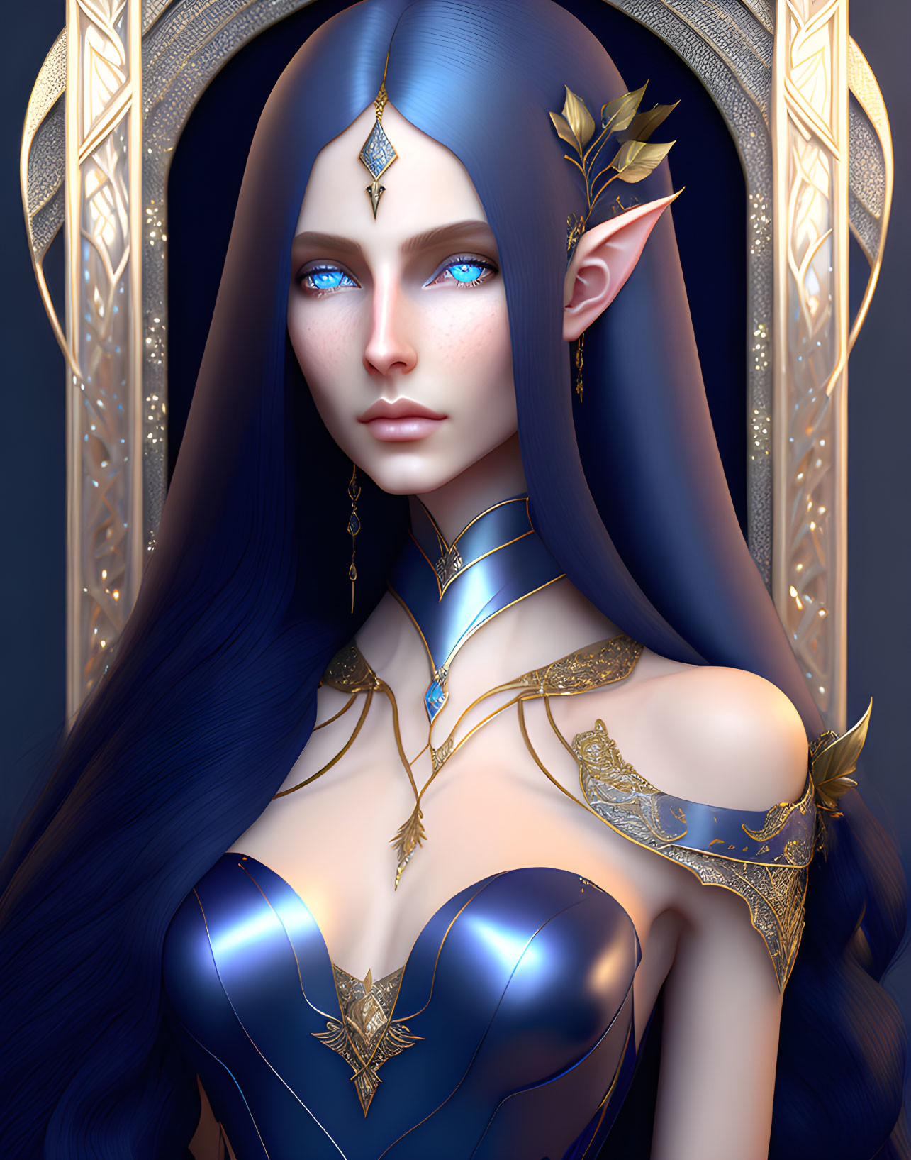 Fantasy character with blue hair, pointed ears, blue eyes, gold-trimmed armor.