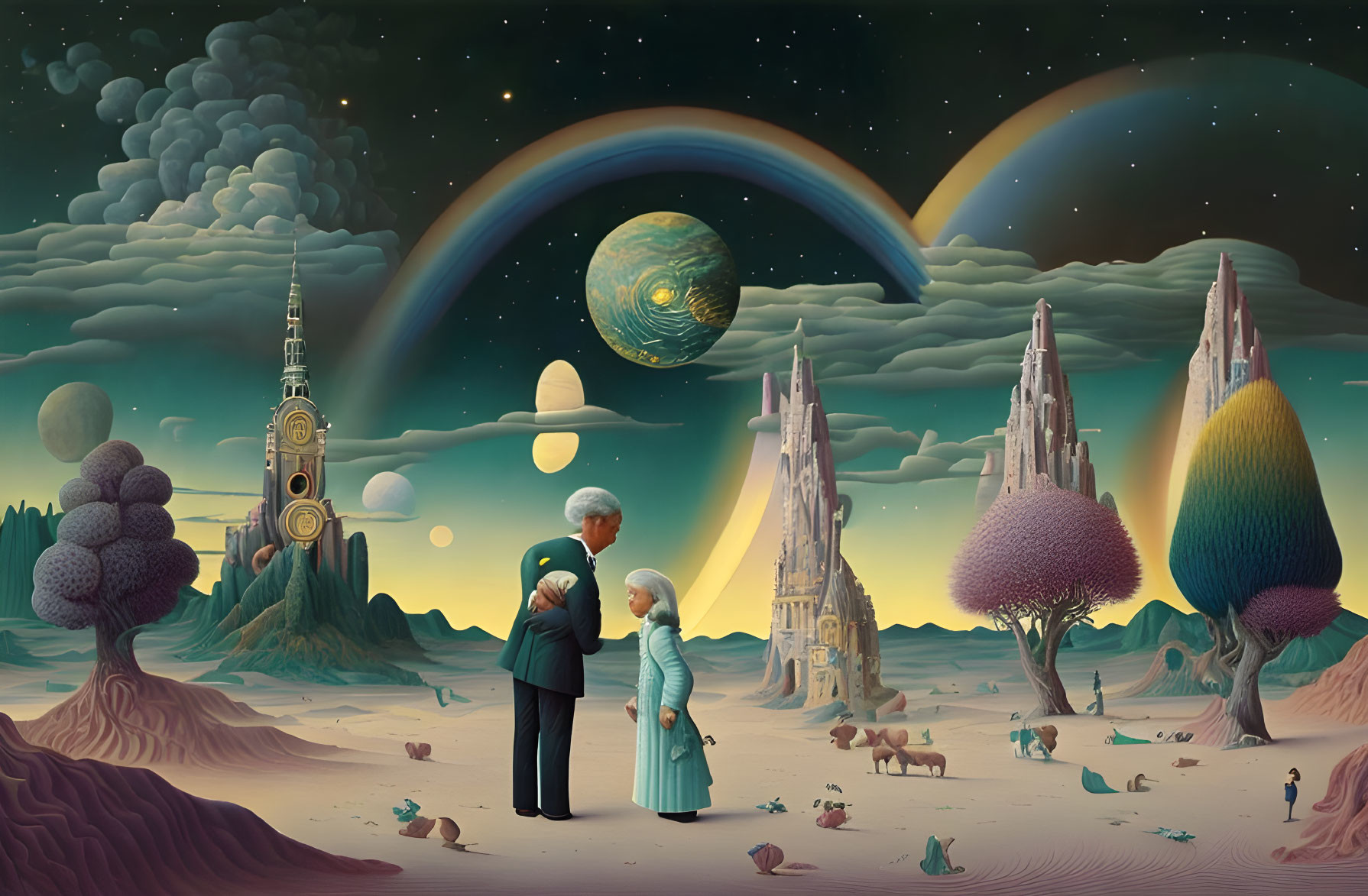 Elderly couple in surreal landscape with whimsical elements