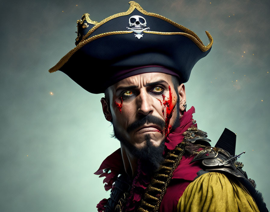 Man in pirate costume with tricorne hat and dramatic makeup.