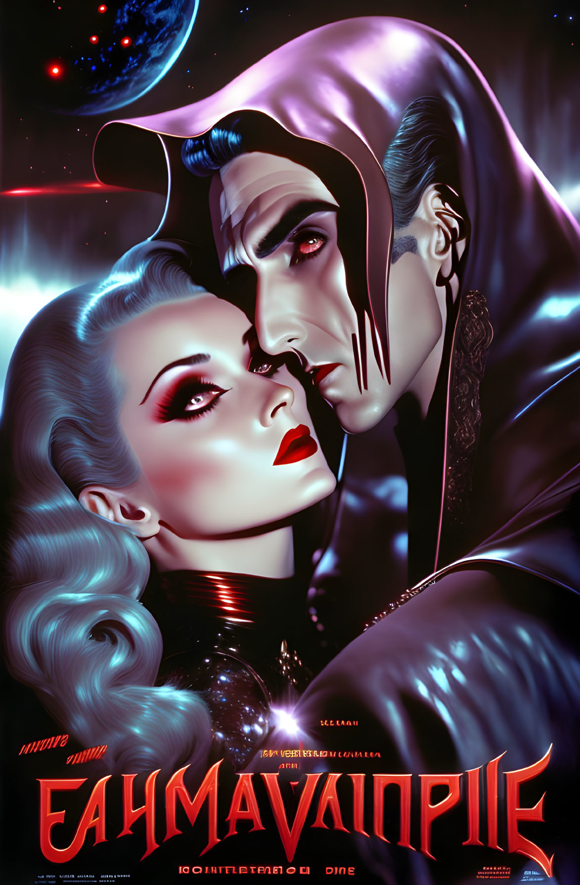 Glamorous woman and mysterious male vampire in cosmic-themed movie poster