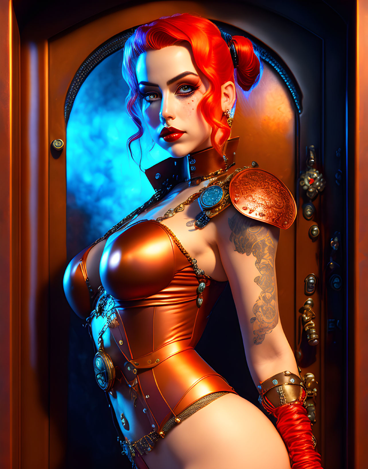 Digital artwork: Woman with red hair, tattoos, futuristic armor in dramatic doorway lighting