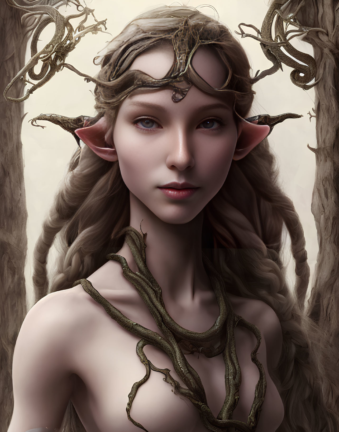 Female Elf Illustration with Pointed Ears and Branch Crown