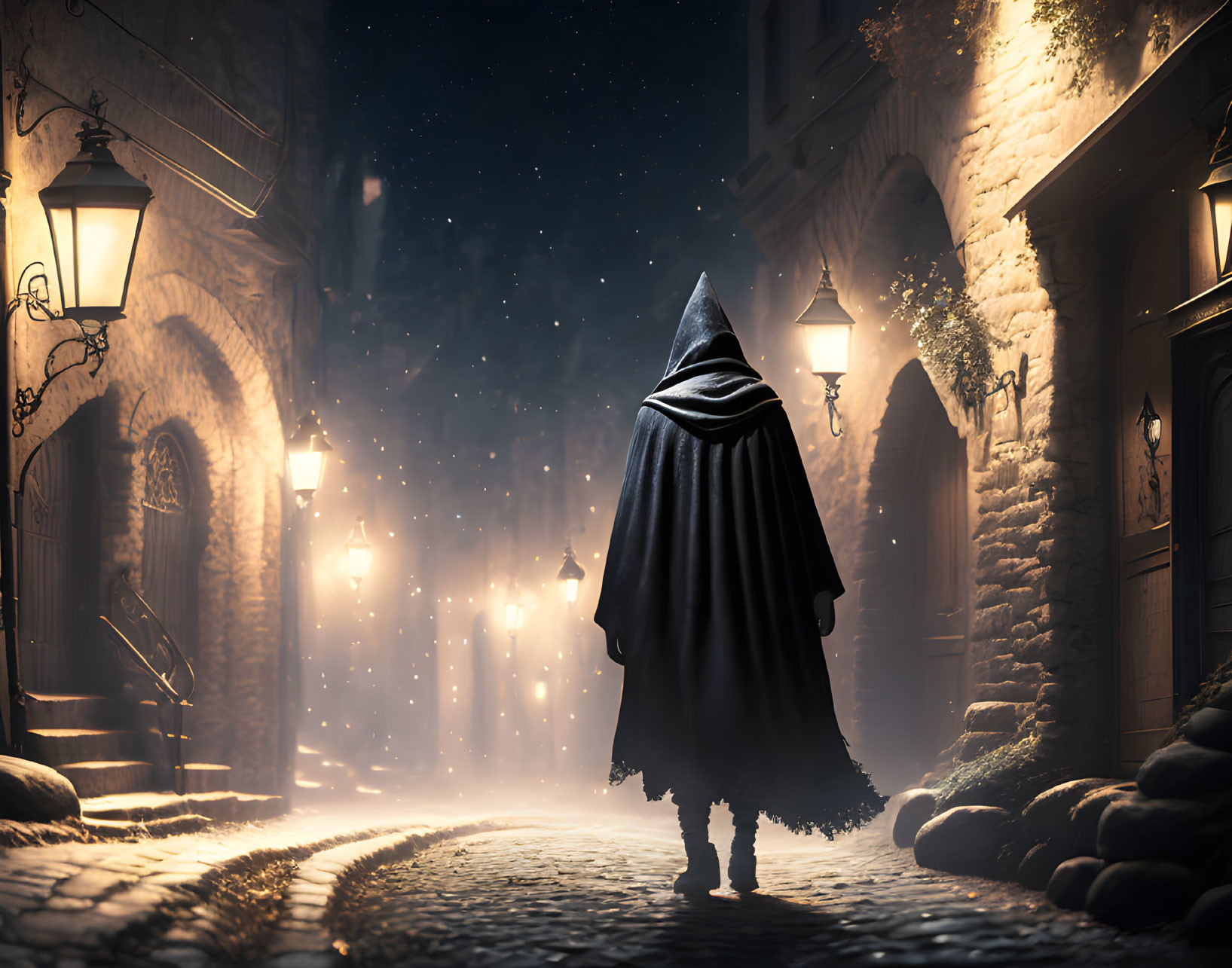 Cloaked figure on cobblestone street under starry sky