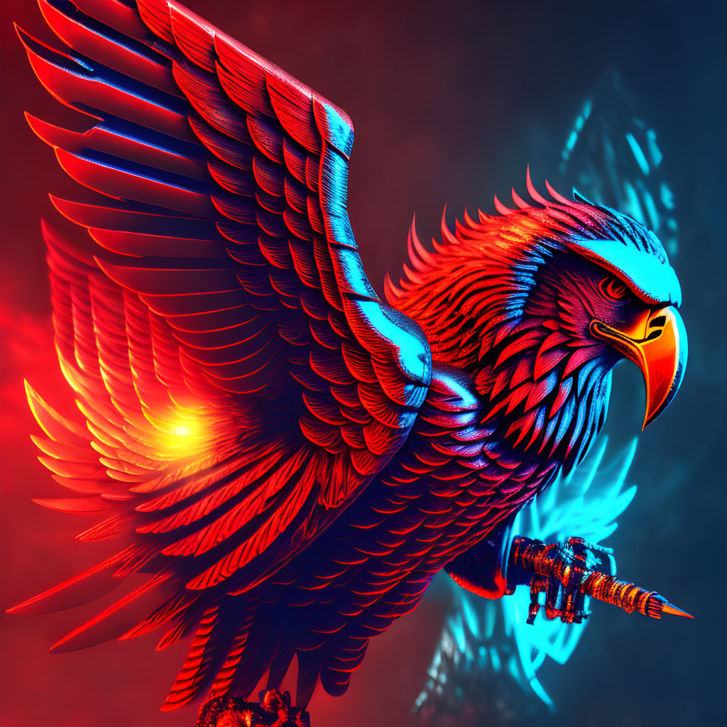 Colorful Eagle Artwork with Red and Blue Feathers on Contrasting Background