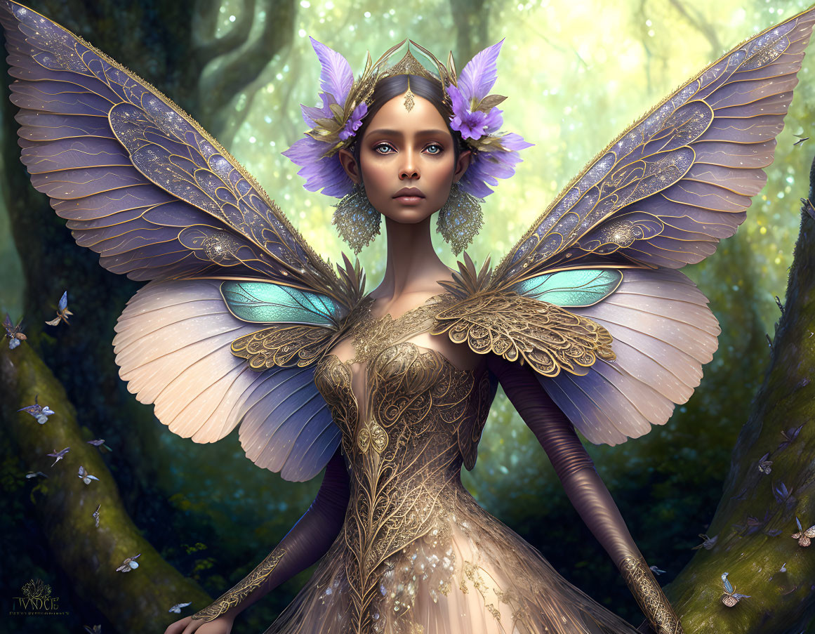 Female Figure with Butterfly Wings and Golden Attire in Enchanted Forest