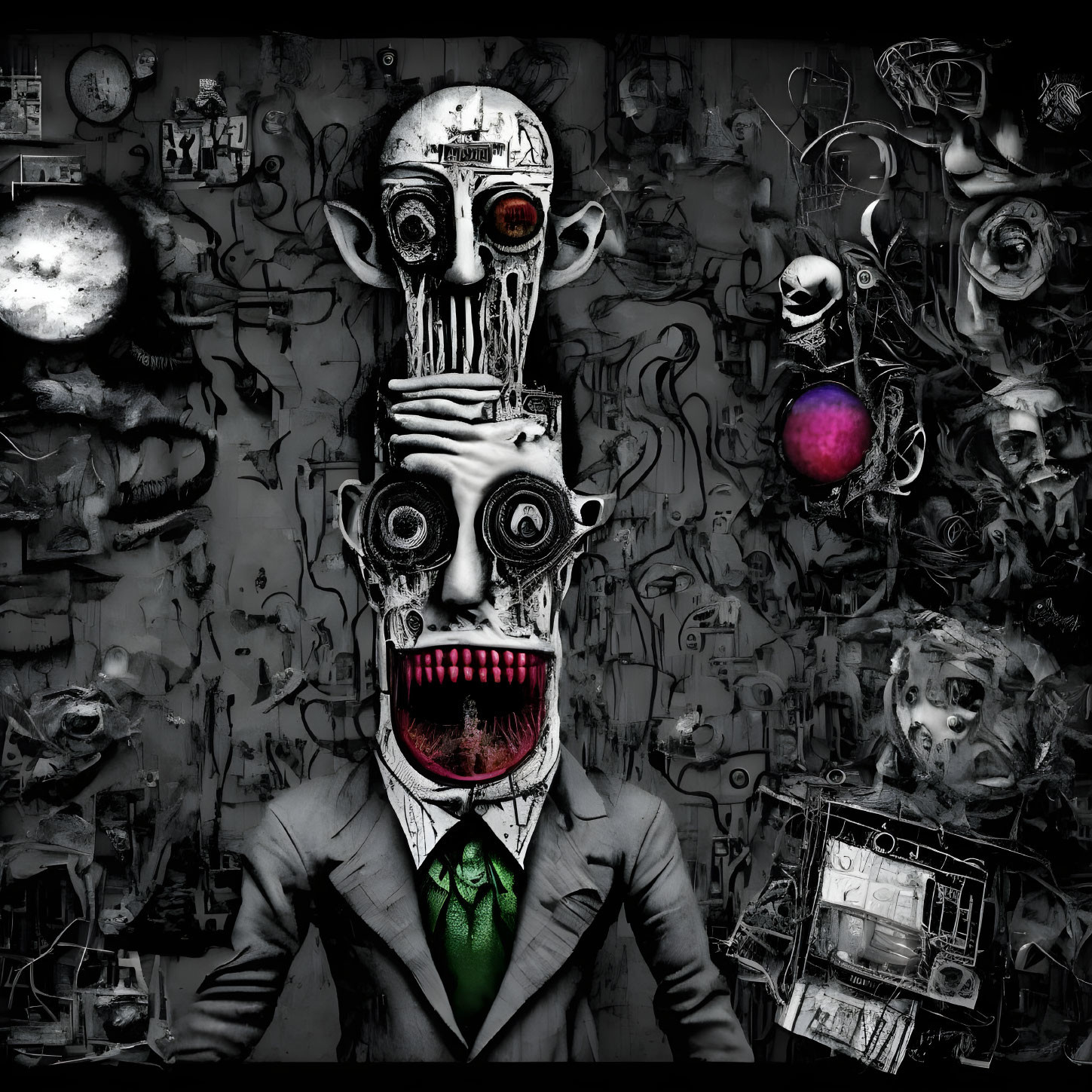 Surreal artwork: figure in suit with chaotic object head on monochrome background