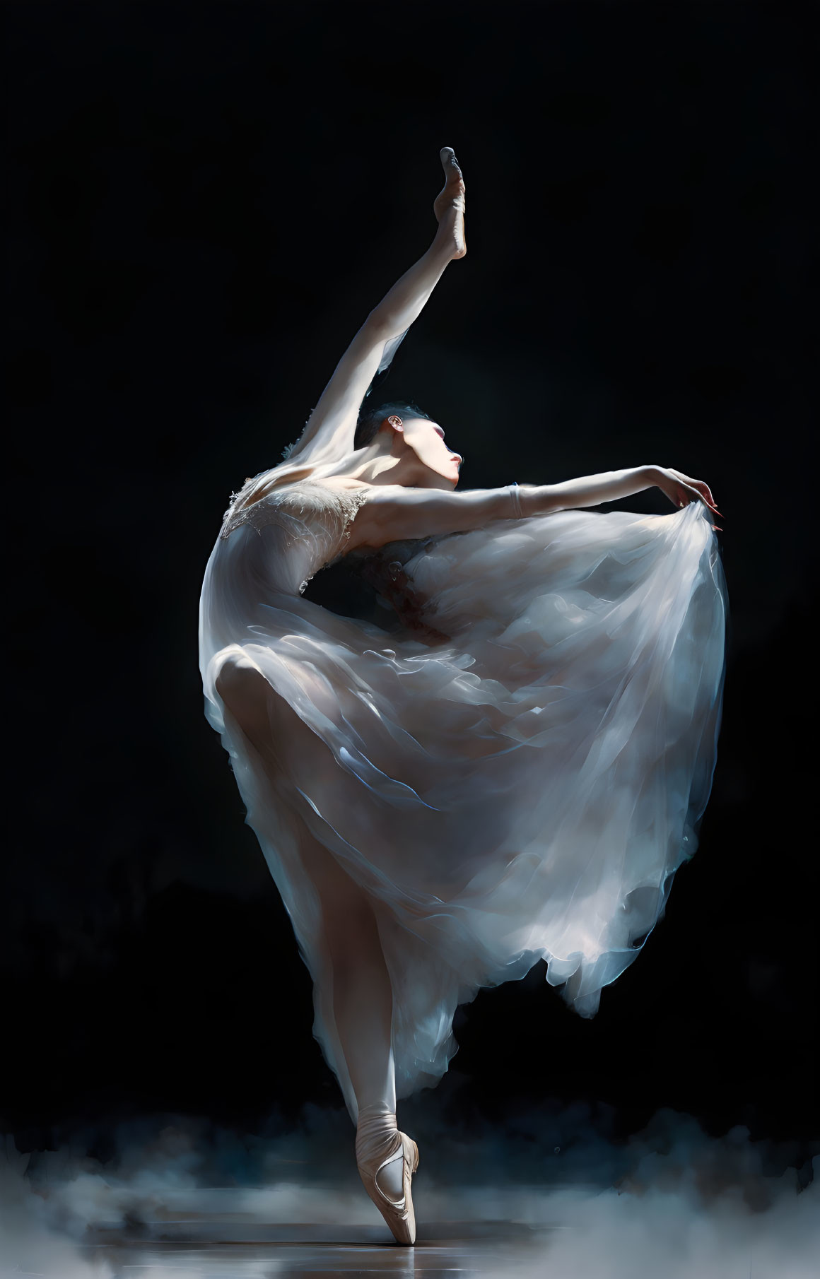 Graceful ballerina in flowing white costume pirouettes elegantly