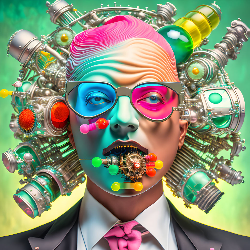 Vibrant surreal character with mechanical head and neon glasses on green backdrop