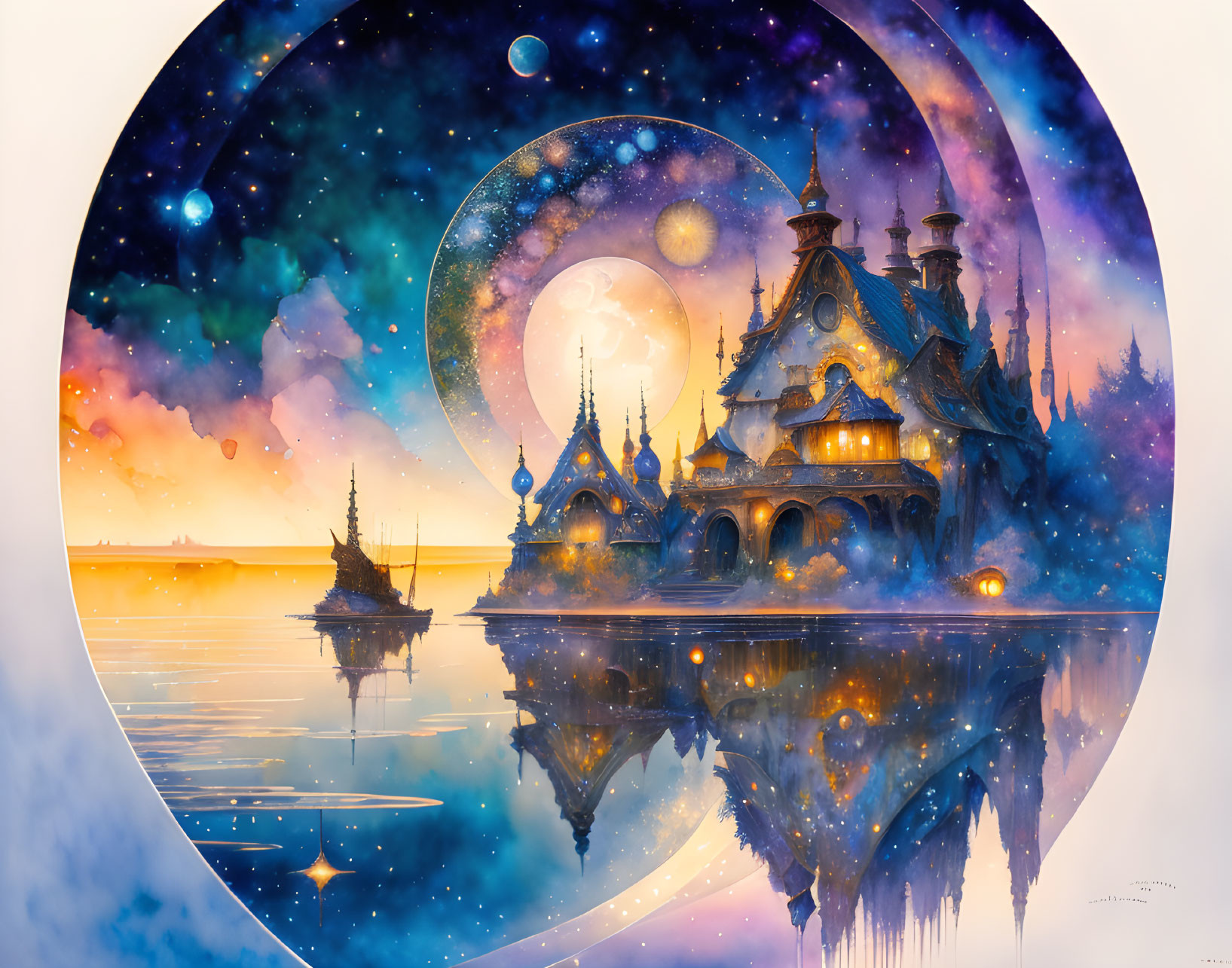 Fantastical castle with spires under cosmic sky and reflection in still waters