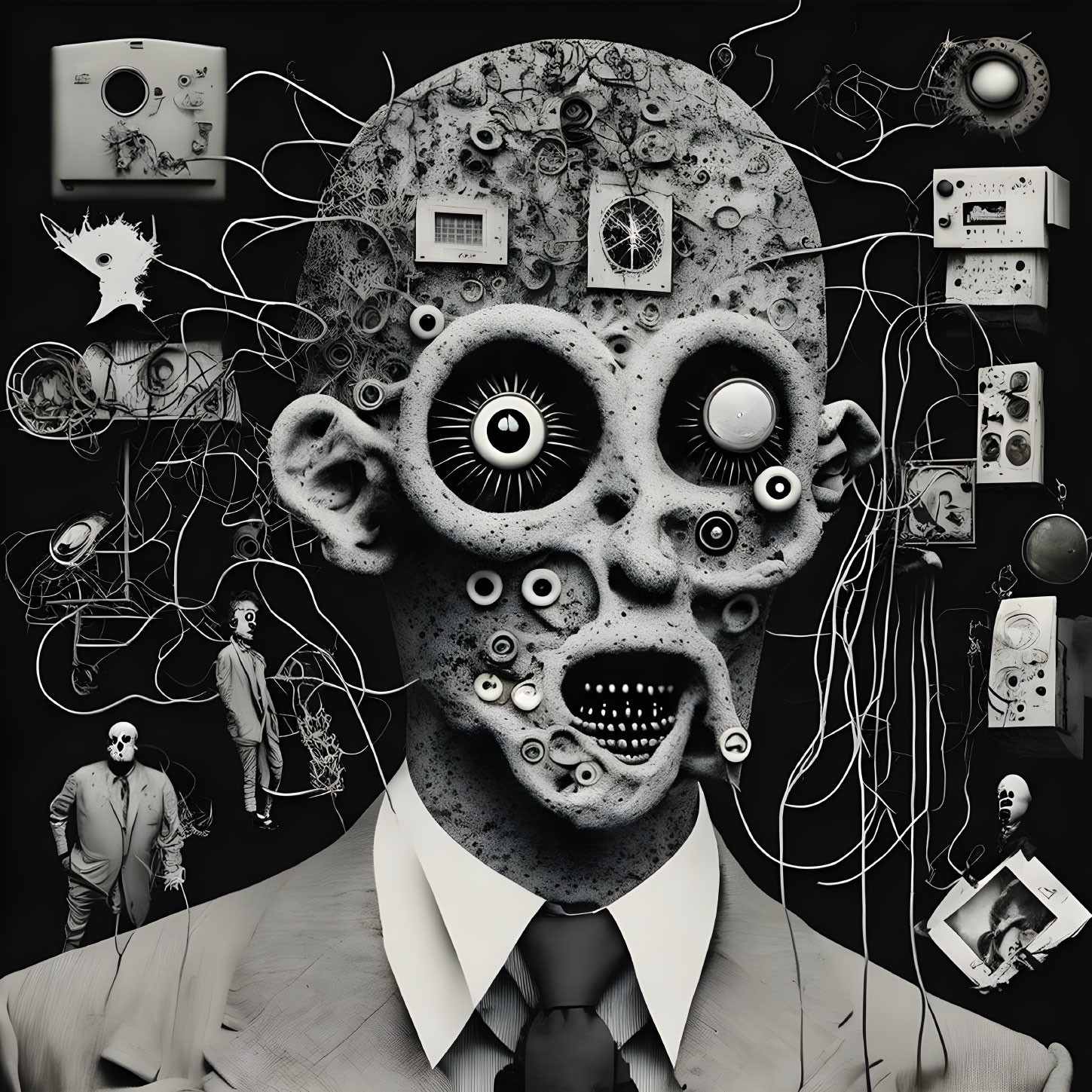 Abstract black and white surreal artwork with humanoid face and mechanical elements.