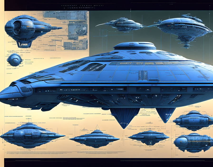 Detailed Futuristic Spaceship Blueprint with Various Design Features