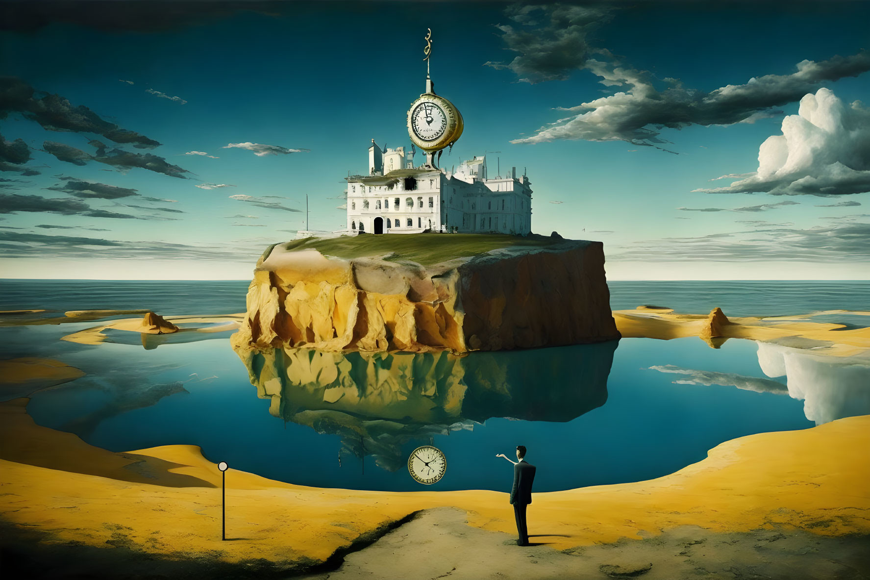 Surreal landscape with floating castle, clock, mirrored water, golden desert