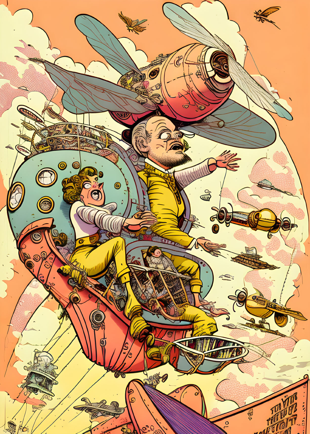 Whimsical vintage art: Two people flying in machine with bees in clouds