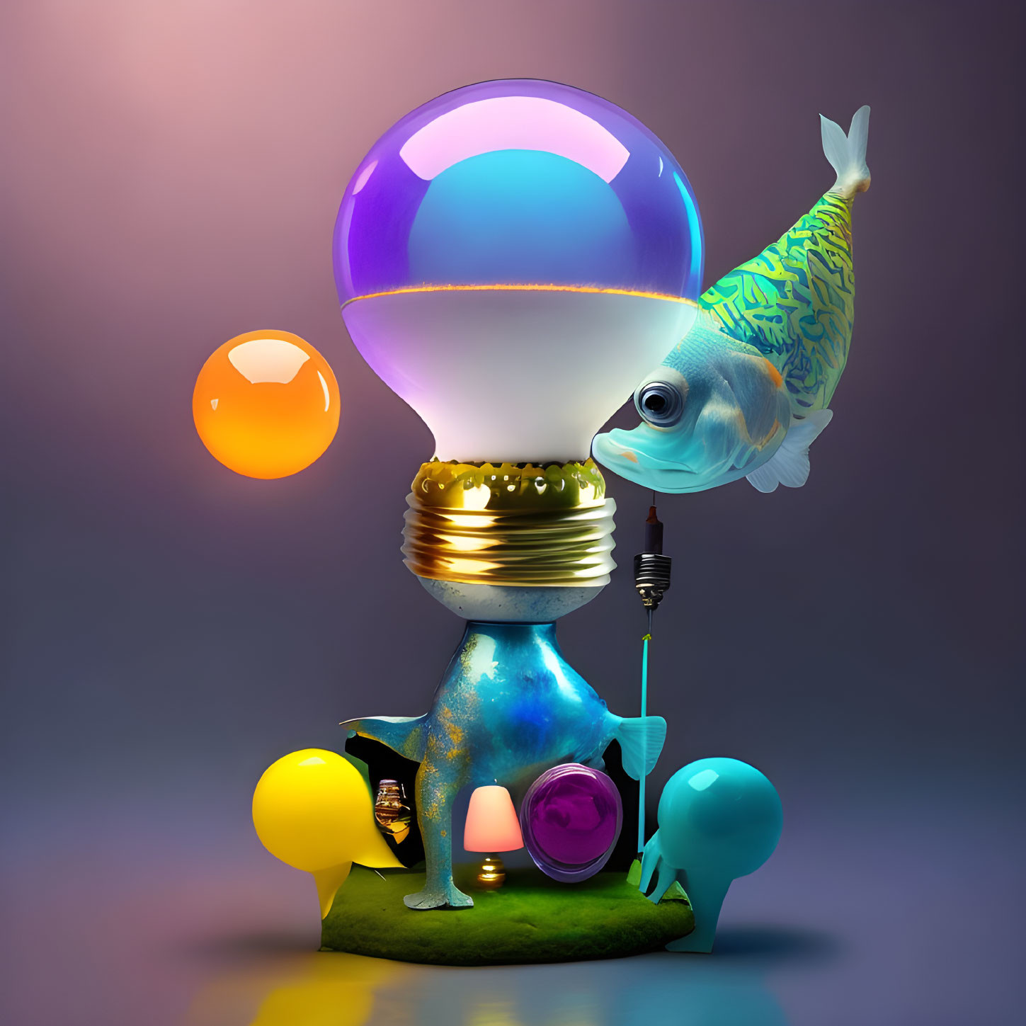 Colorful 3D Fish Artwork with Lightbulb Body and Bird-Like Legs