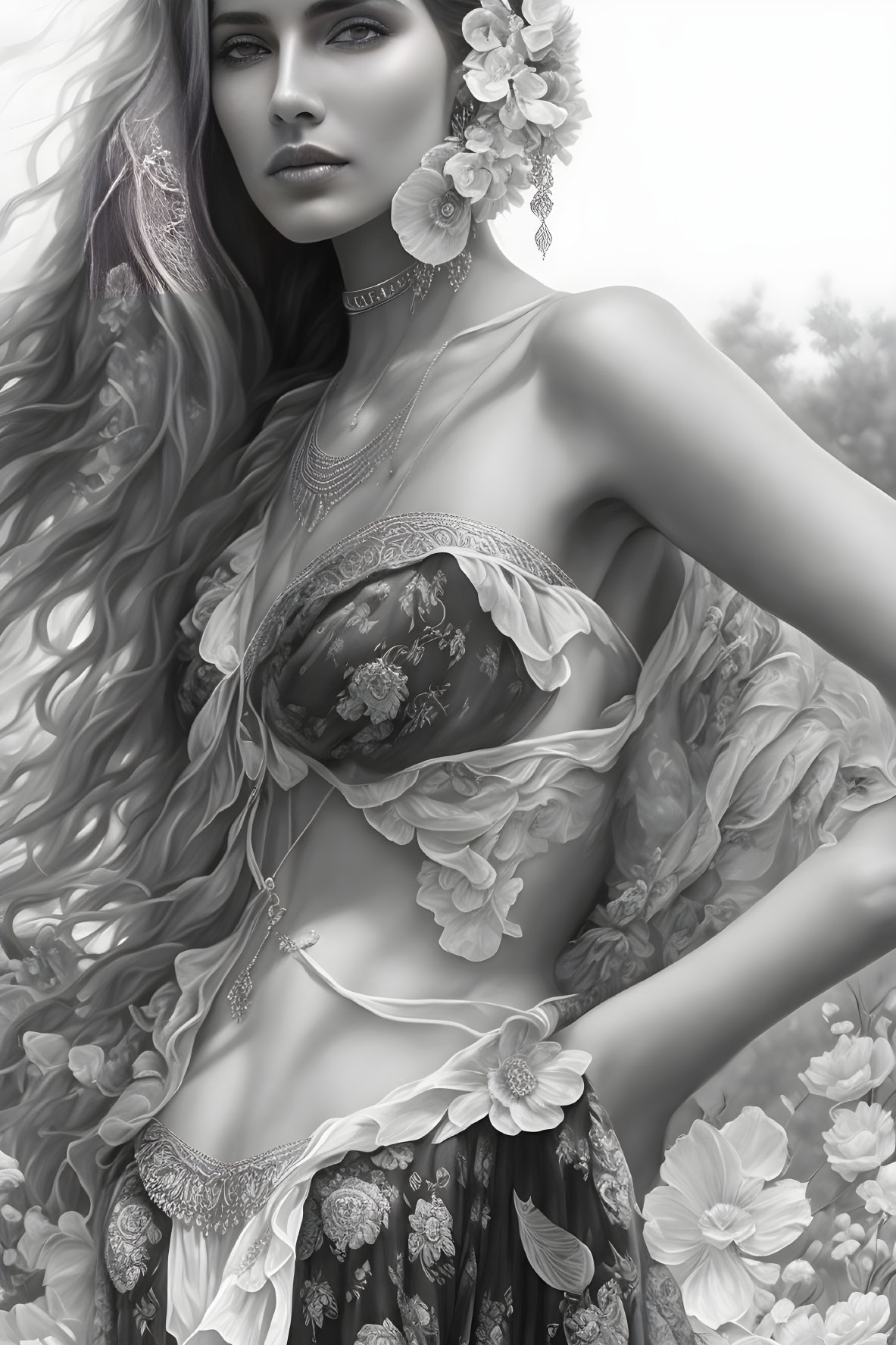 Monochromatic portrait of woman with long wavy hair and floral accessories