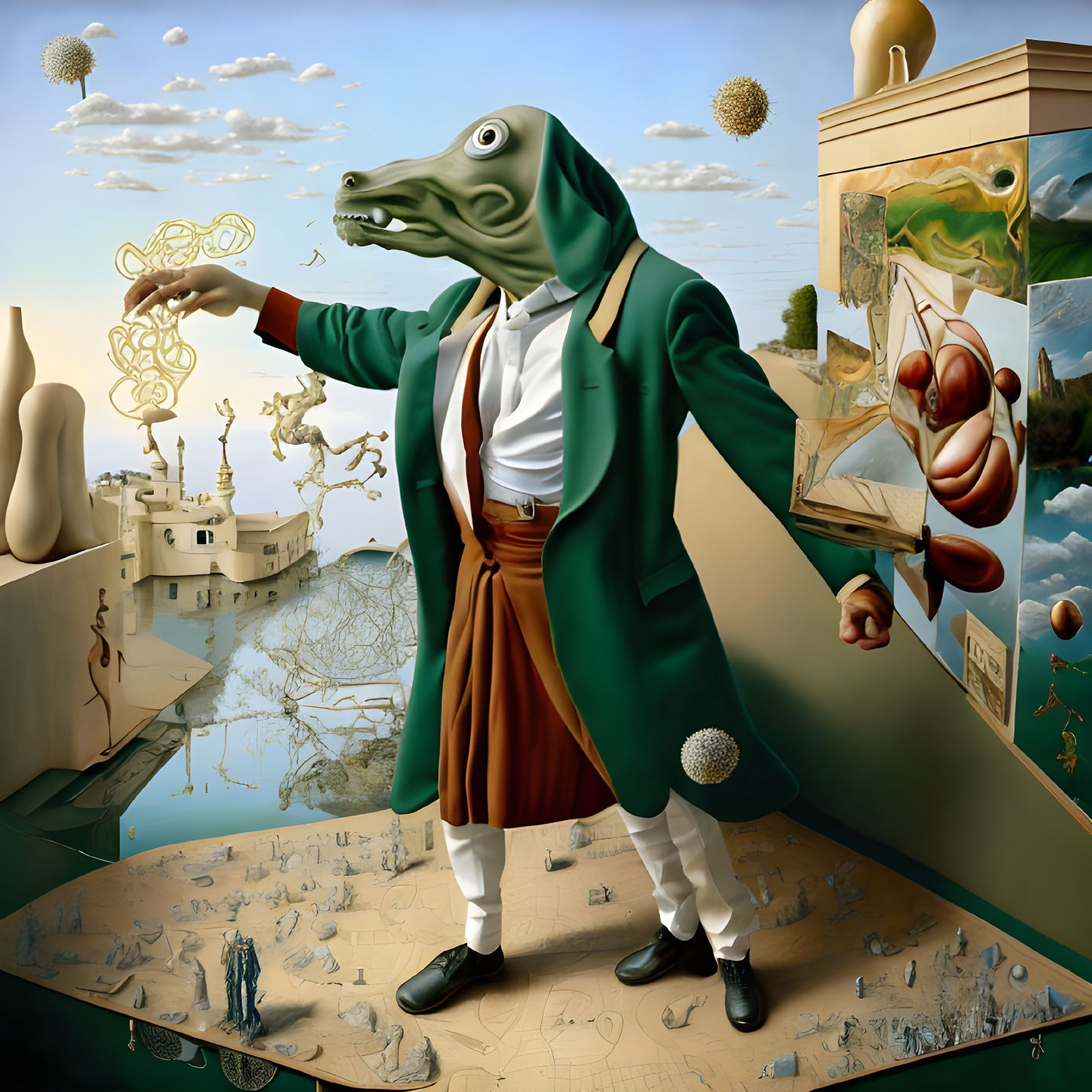 Surreal anthropomorphic reptile in 18th-century attire on fantastical landscape