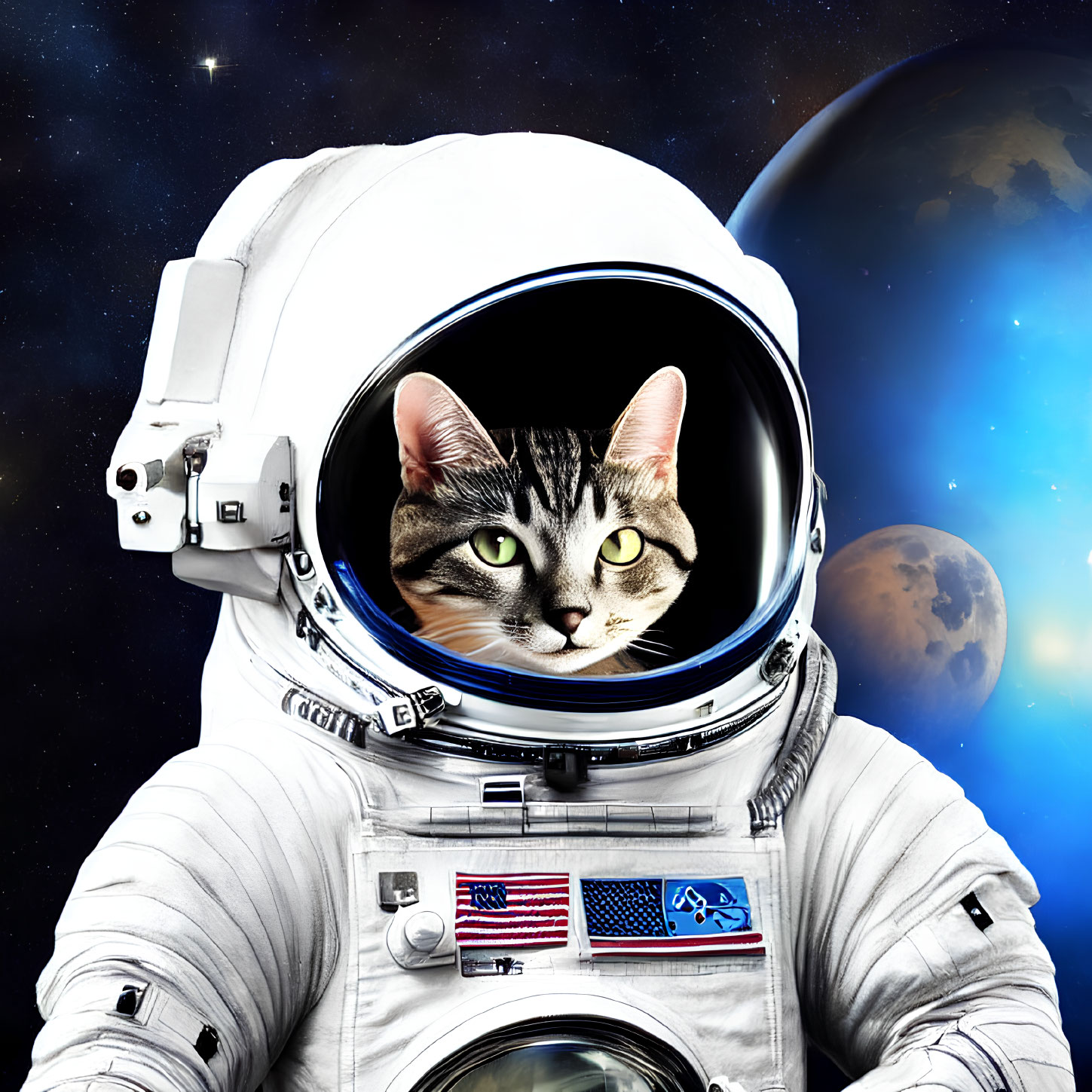 Tabby cat's face in astronaut helmet with Earth and moon in space