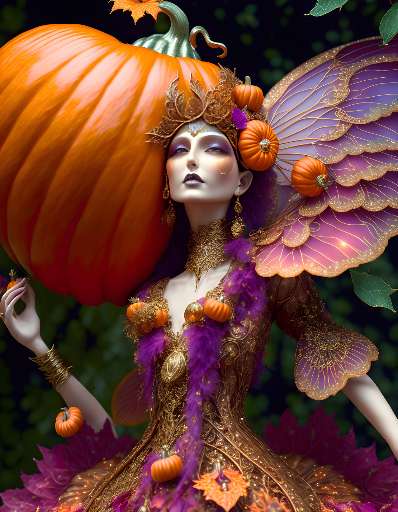 Fantasy image of figure with pumpkin headwear and autumn-themed attire surrounded by foliage