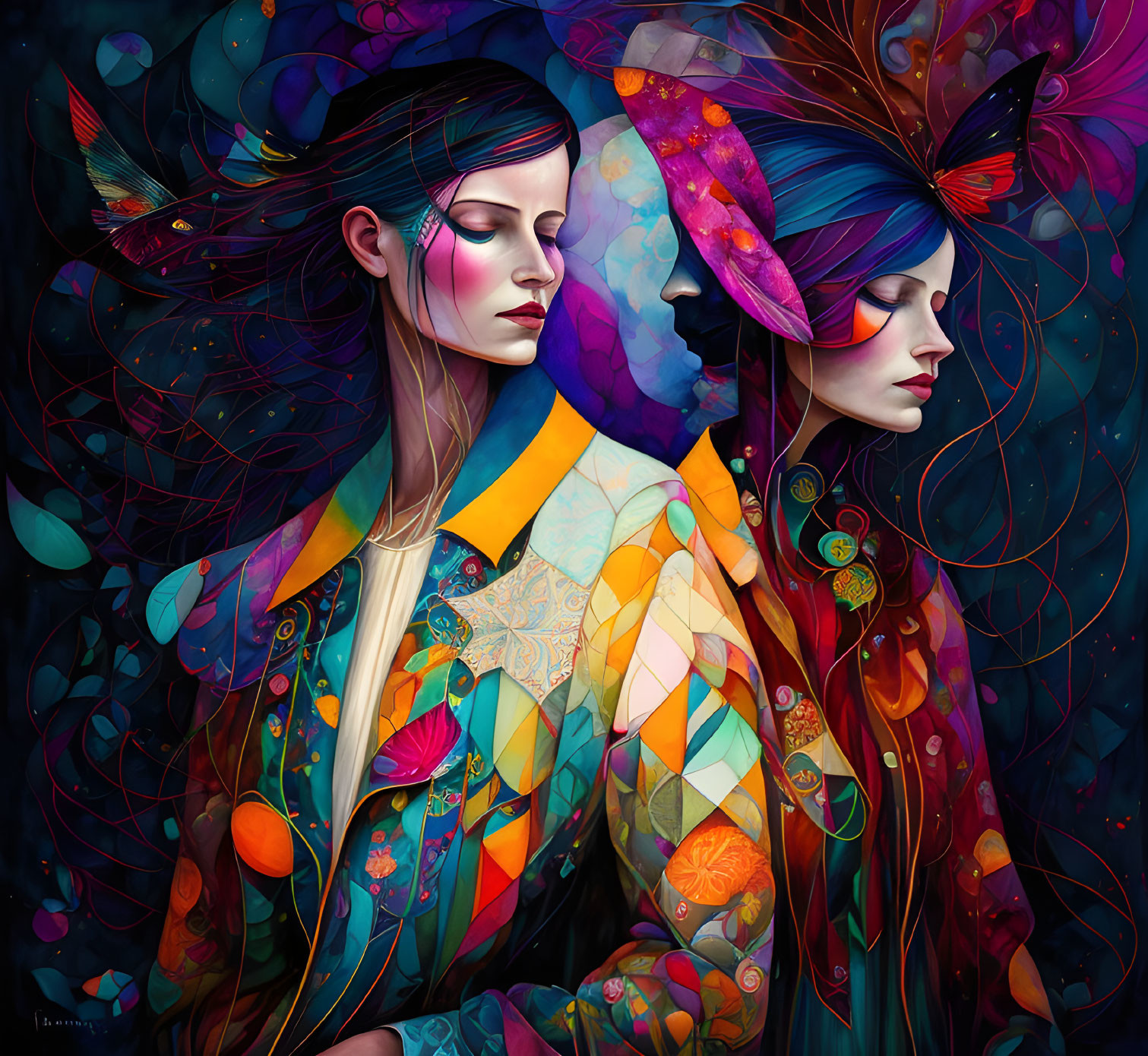 Colorful digital artwork: Two female figures with abstract butterfly elements