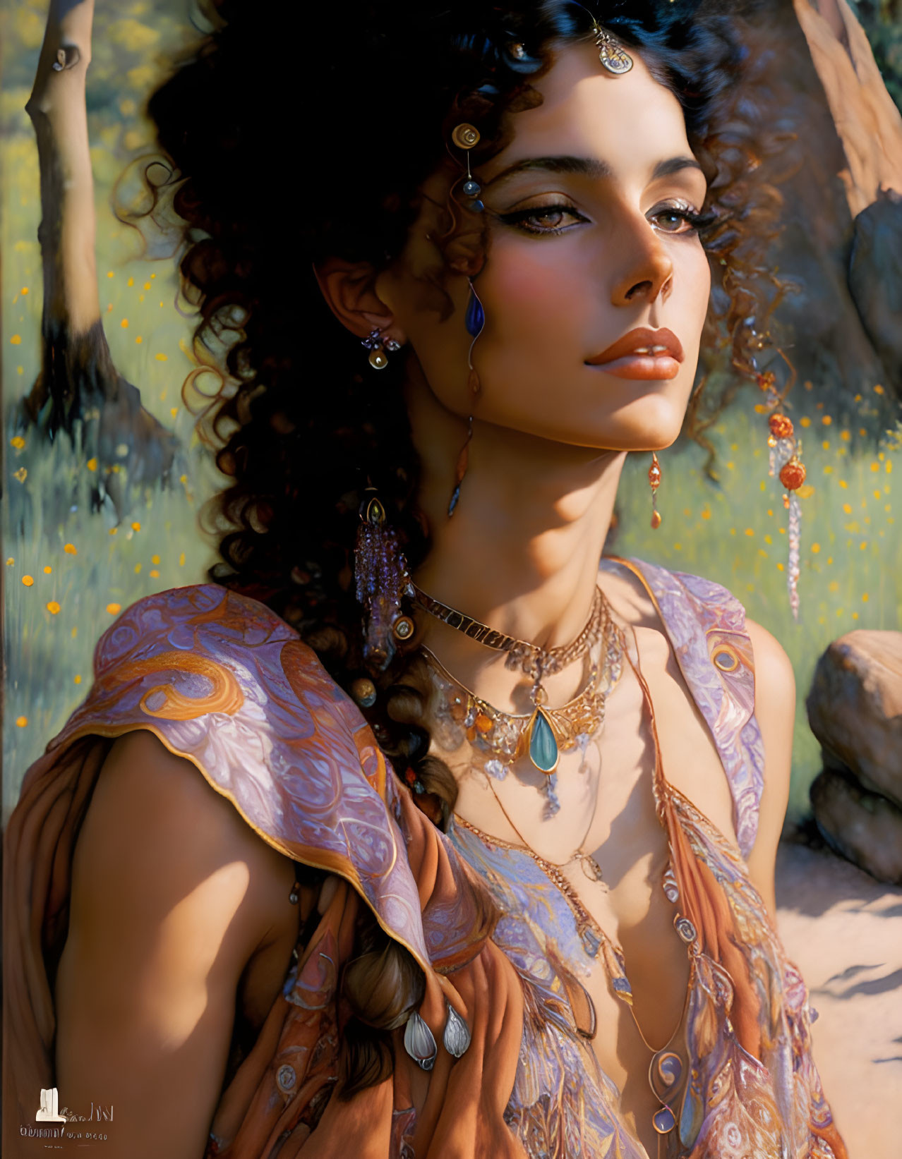 Curly-Haired Woman Portrait in Sunlit Forest with Fantasy Details