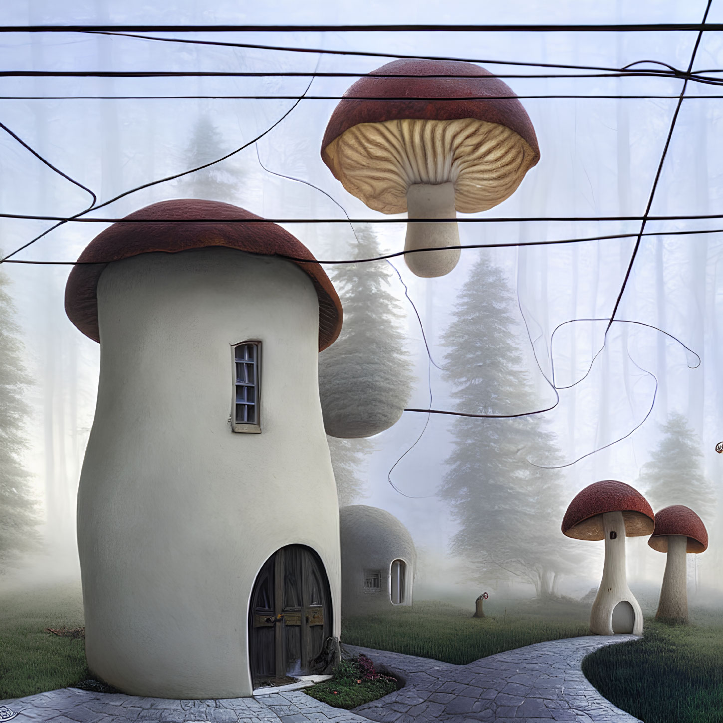 Illustration of Mushroom-Shaped Houses in Misty Forest with Power Lines