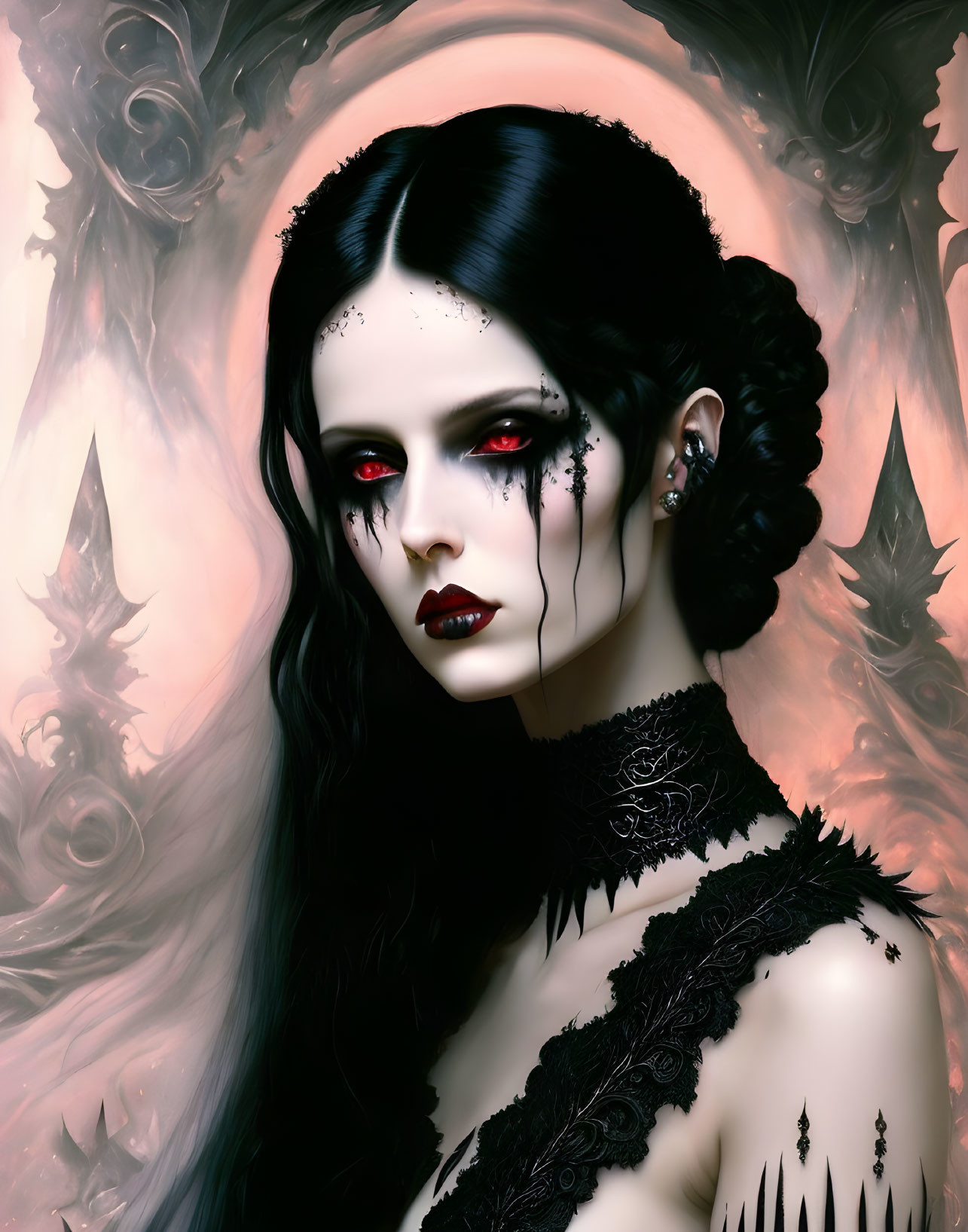 Gothic female figure with red eyes and black tears on pink-gray backdrop