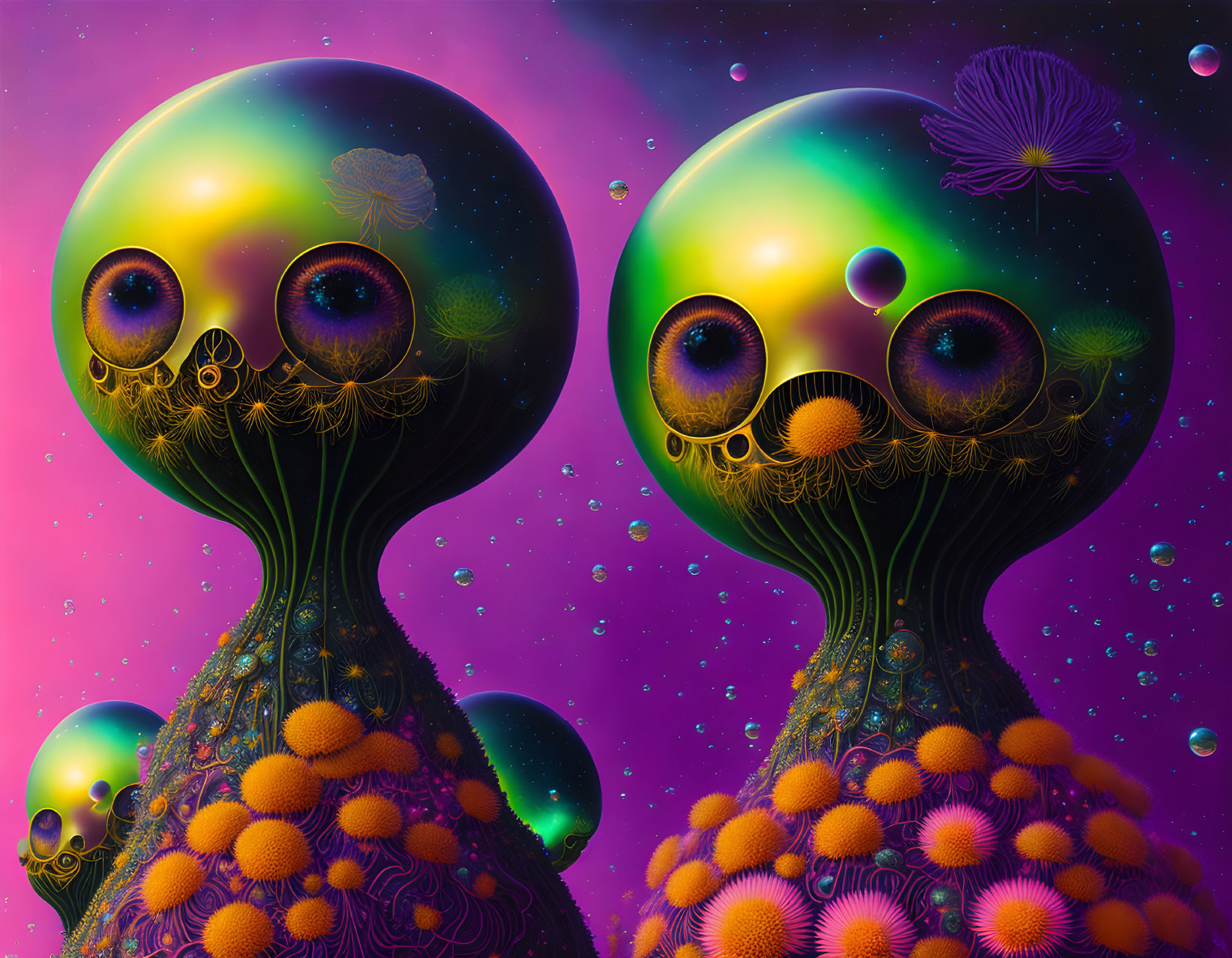 Colorful surreal alien figures on cosmic backdrop with glossy heads and intricate patterns