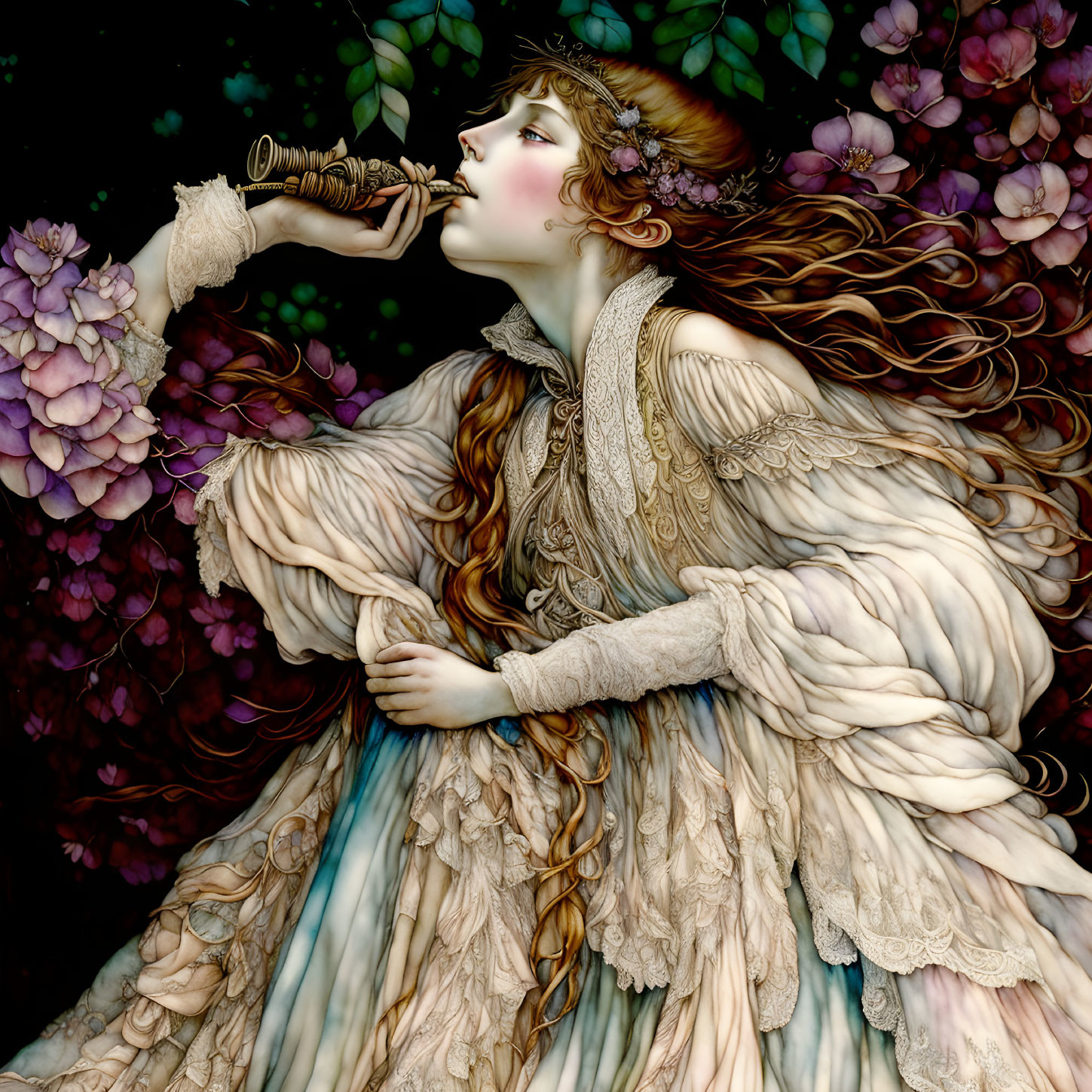 Woman playing flute in ornate gown among lush purple flowers