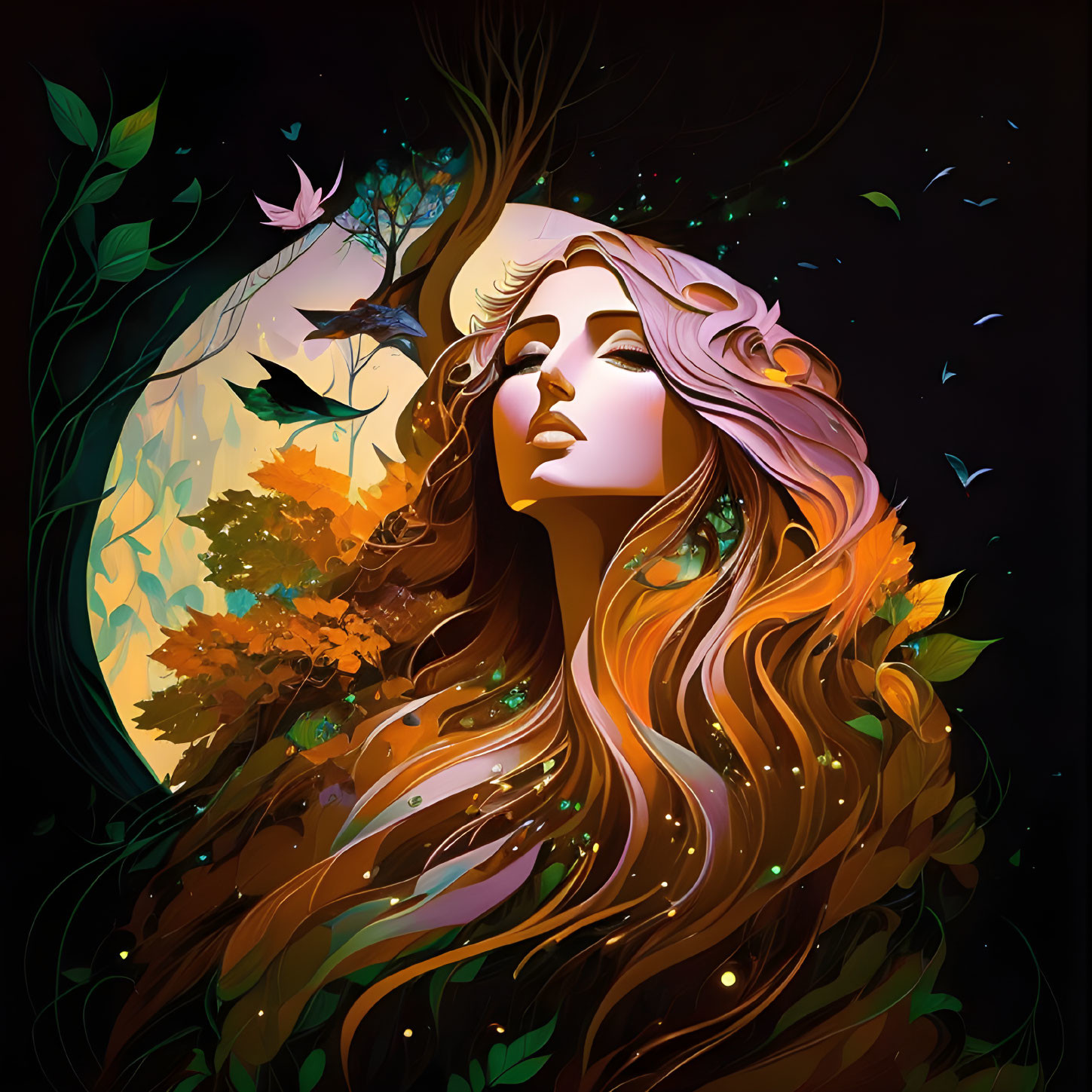 Illustration of woman with flowing hair in autumnal forest scene