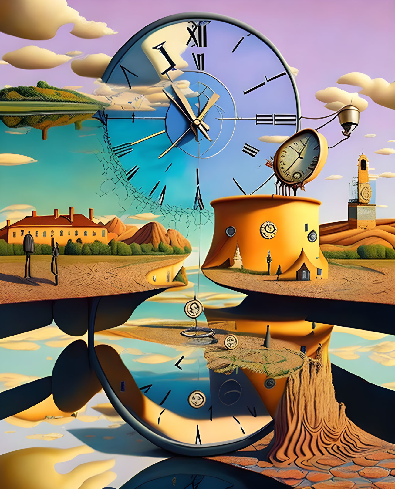 Surrealist landscape with melting clocks under cloudy sky