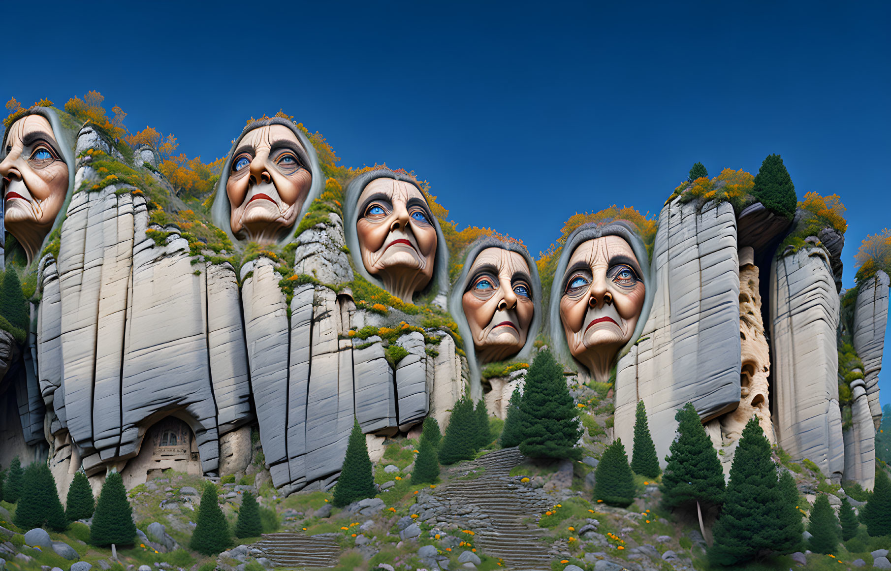 Surreal artwork: Giant faces on cliff sides under blue sky