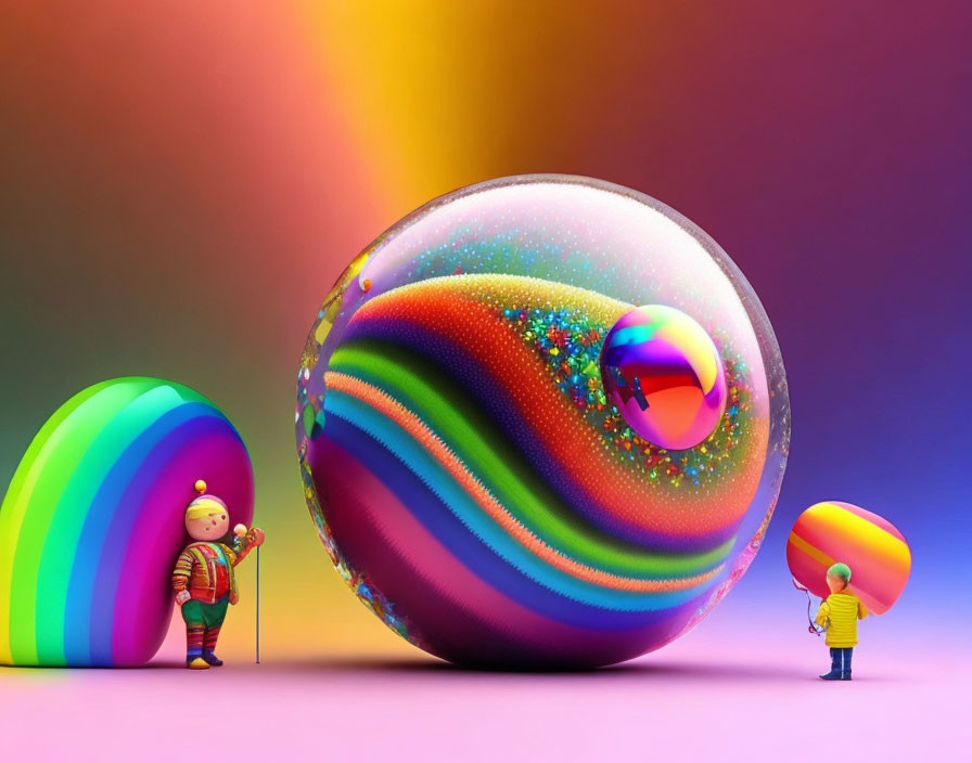 Vibrant 3D art: Two stylized characters, shimmering spheres, gradient backdrop