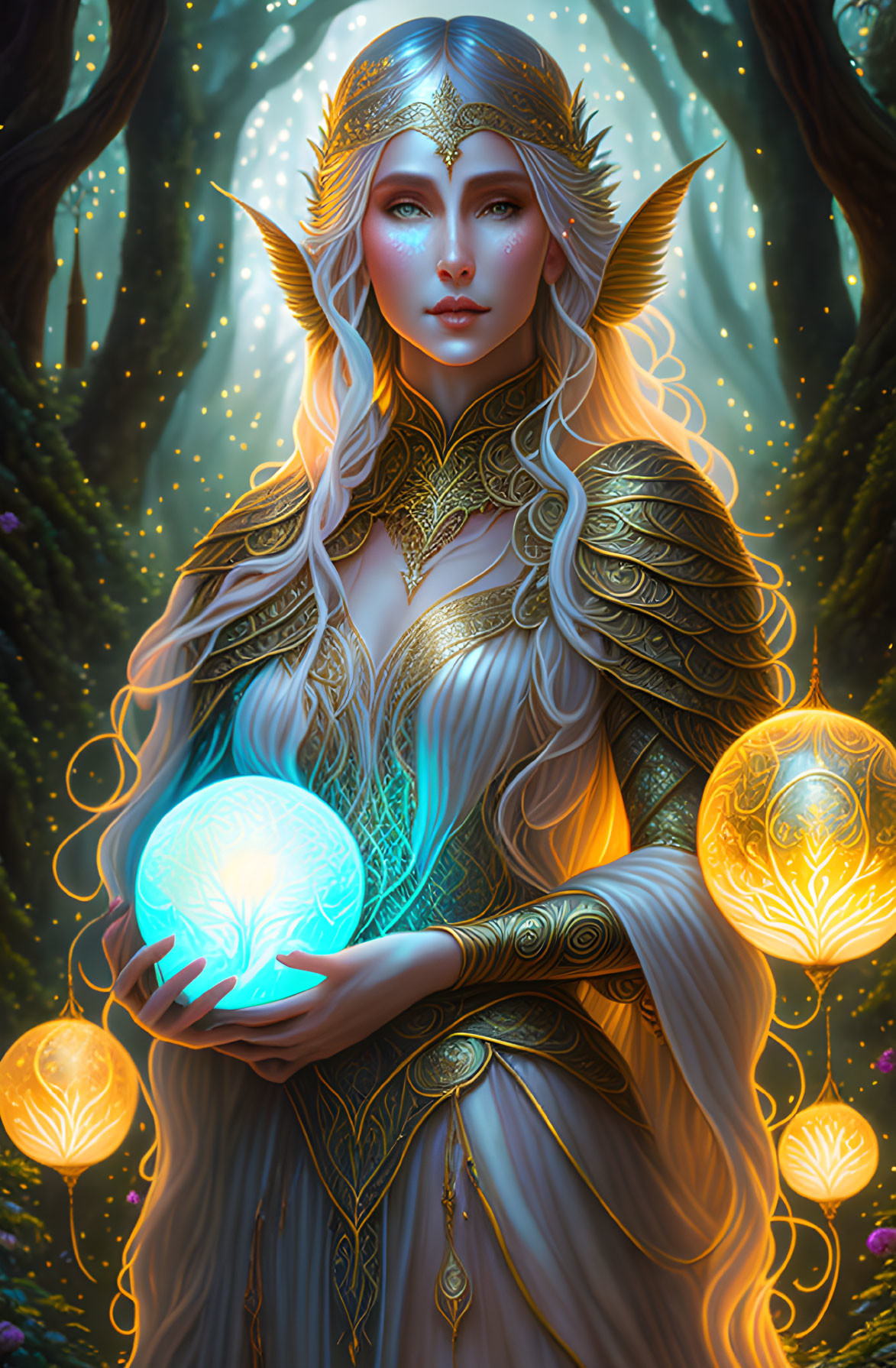 Silver-haired elf woman in golden armor with glowing orb in mystical forest