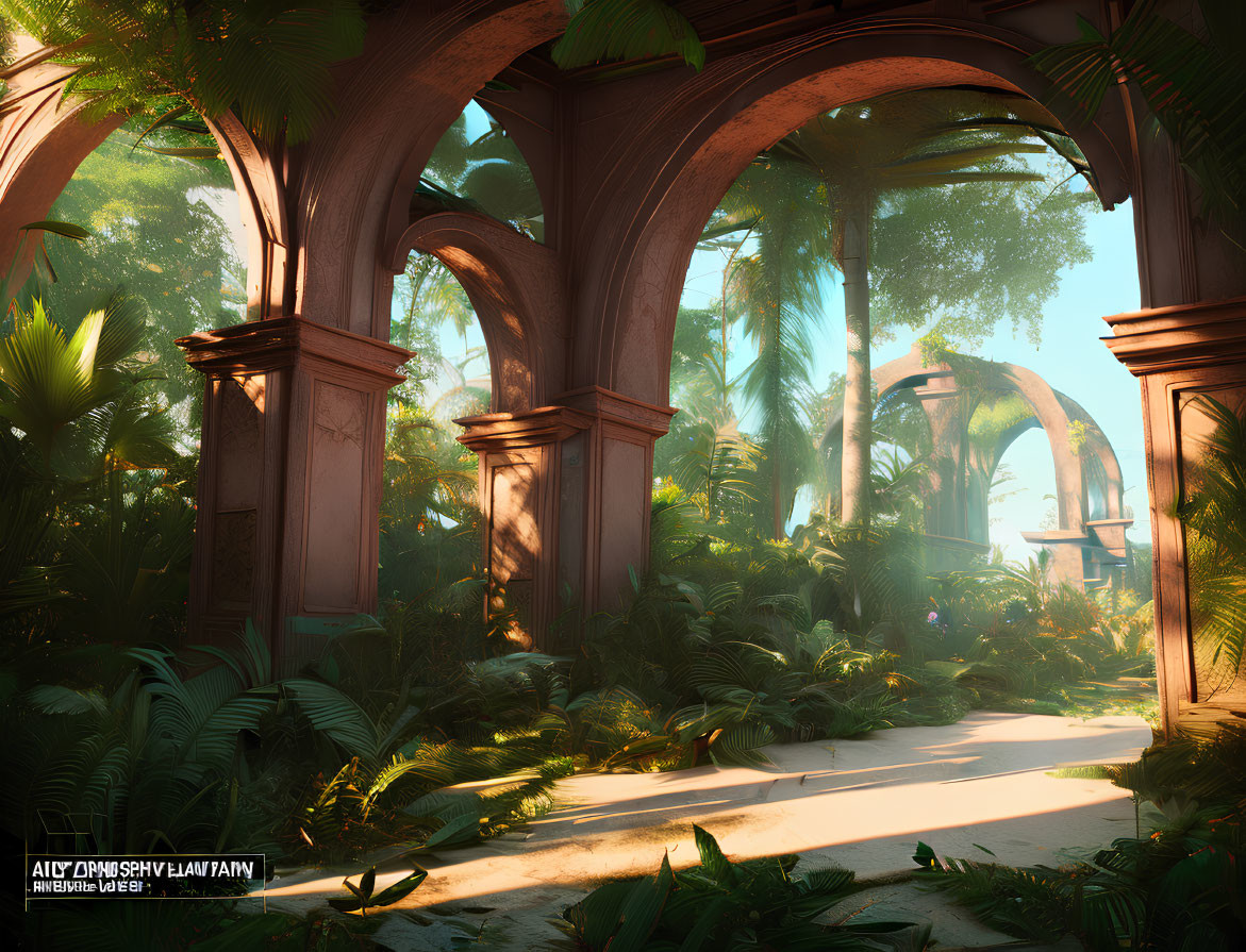 Sunlight filters through archway onto lush, overgrown ruin and ancient stone in tranquil forest.