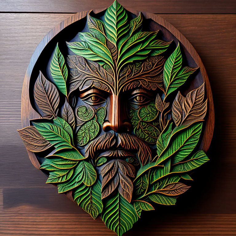 Wooden Carving of Face with Leaf Patterns in Natural Green Tones on Dark Wood